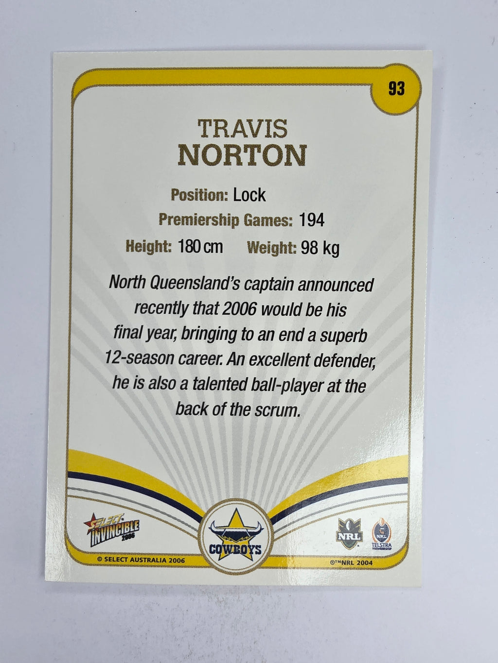 NRL 2006 Invincible Base Card #93 Travis Norton North Queensland Cowboys