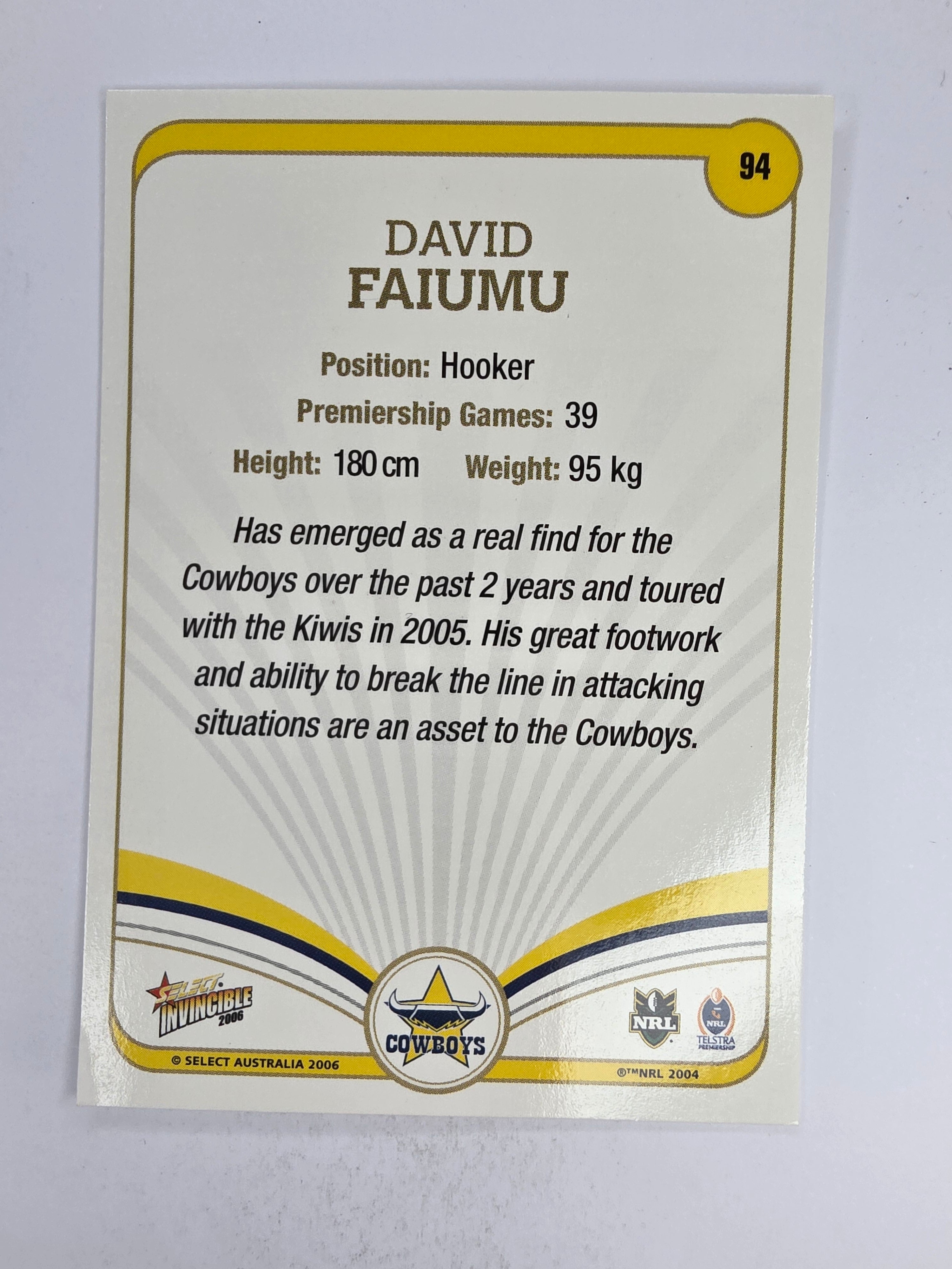 NRL 2006 Invincible Base Card #94 David Faiumu North Queensland Cowboys