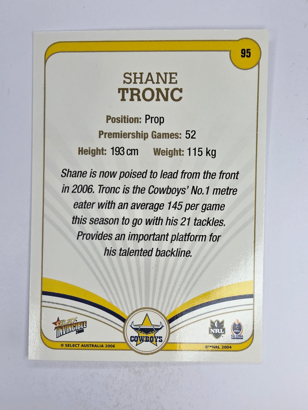 NRL 2006 Invincible Base Card #95 Shane Tronc North Queensland Cowboys