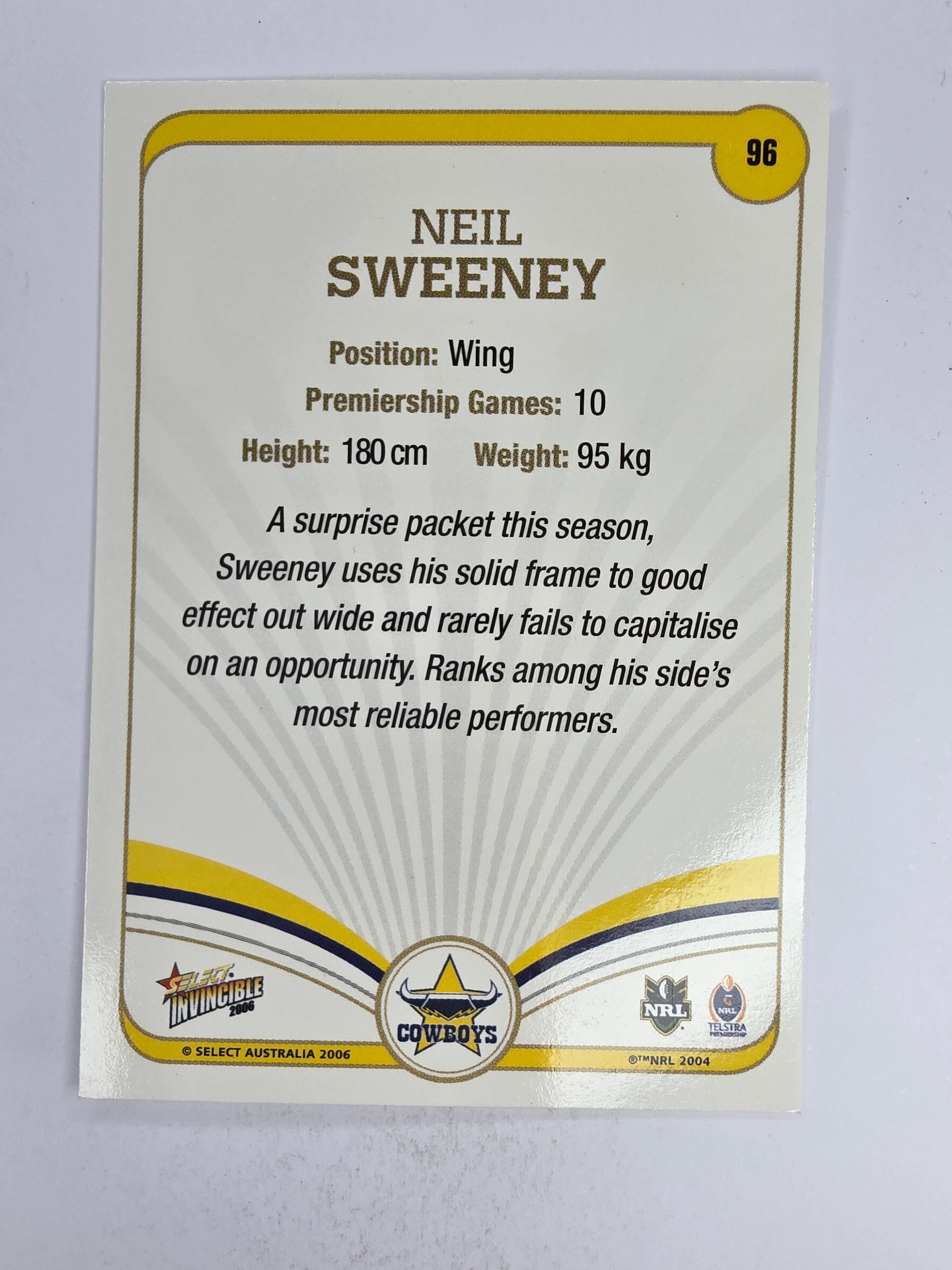 NRL 2006 Invincible Base Card #96 Neil Sweeney North Queensland Cowboys