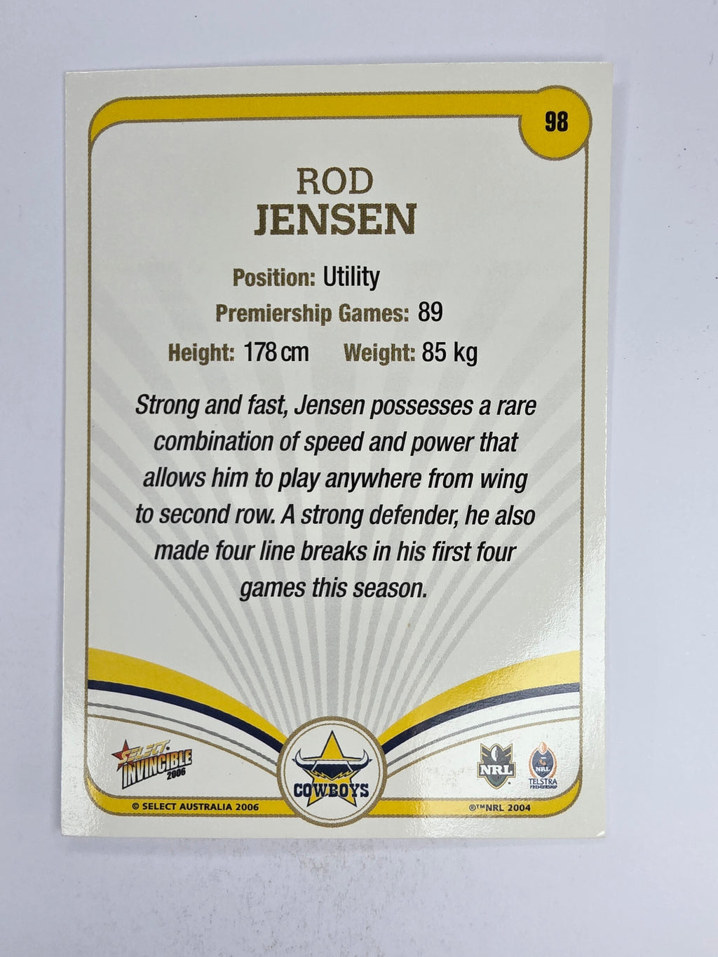 NRL 2006 Invincible Base Card #98 Rod Jensen North Queensland Cowboys