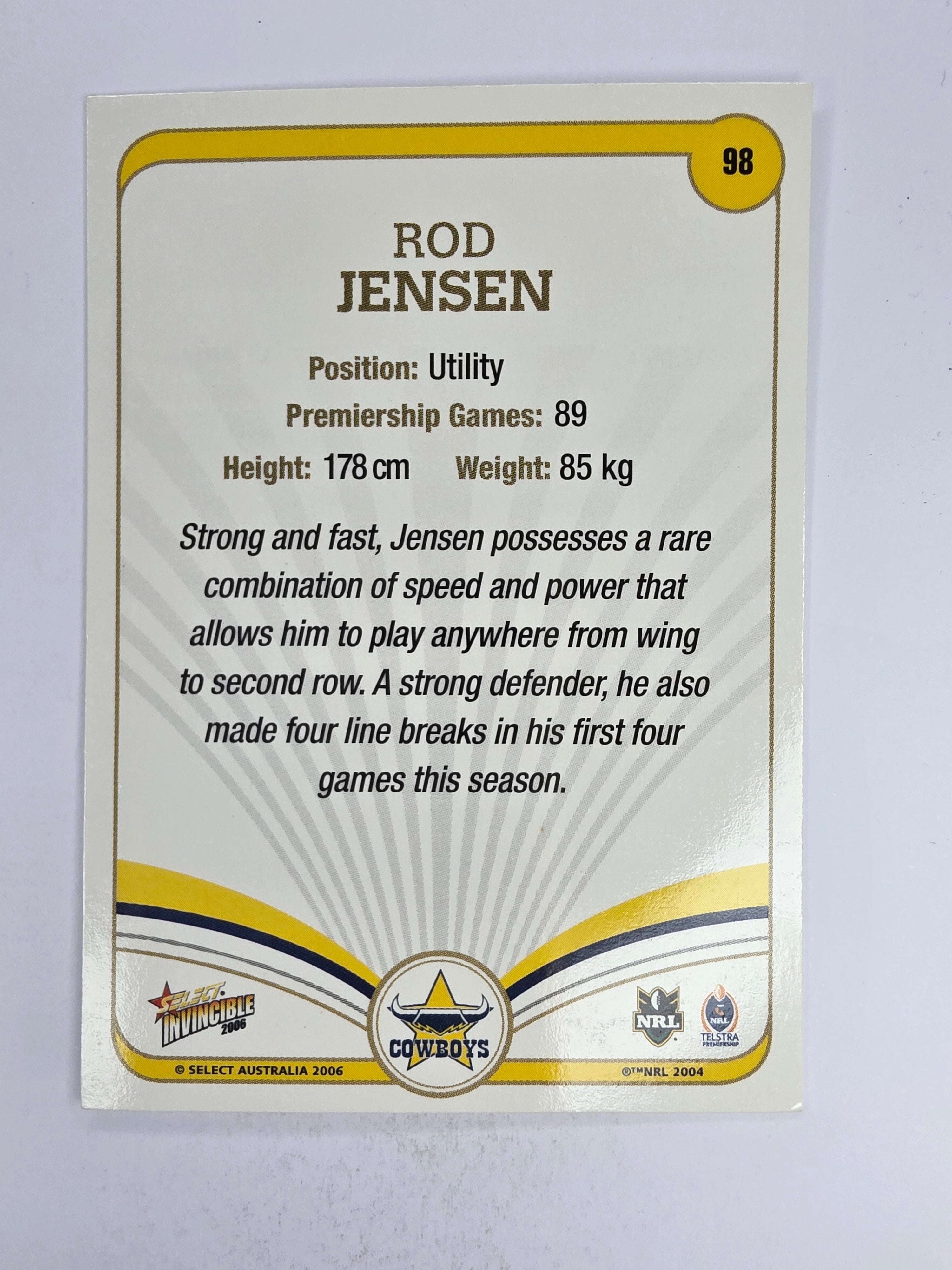 NRL 2006 Invincible Base Card #98 Rod Jensen North Queensland Cowboys