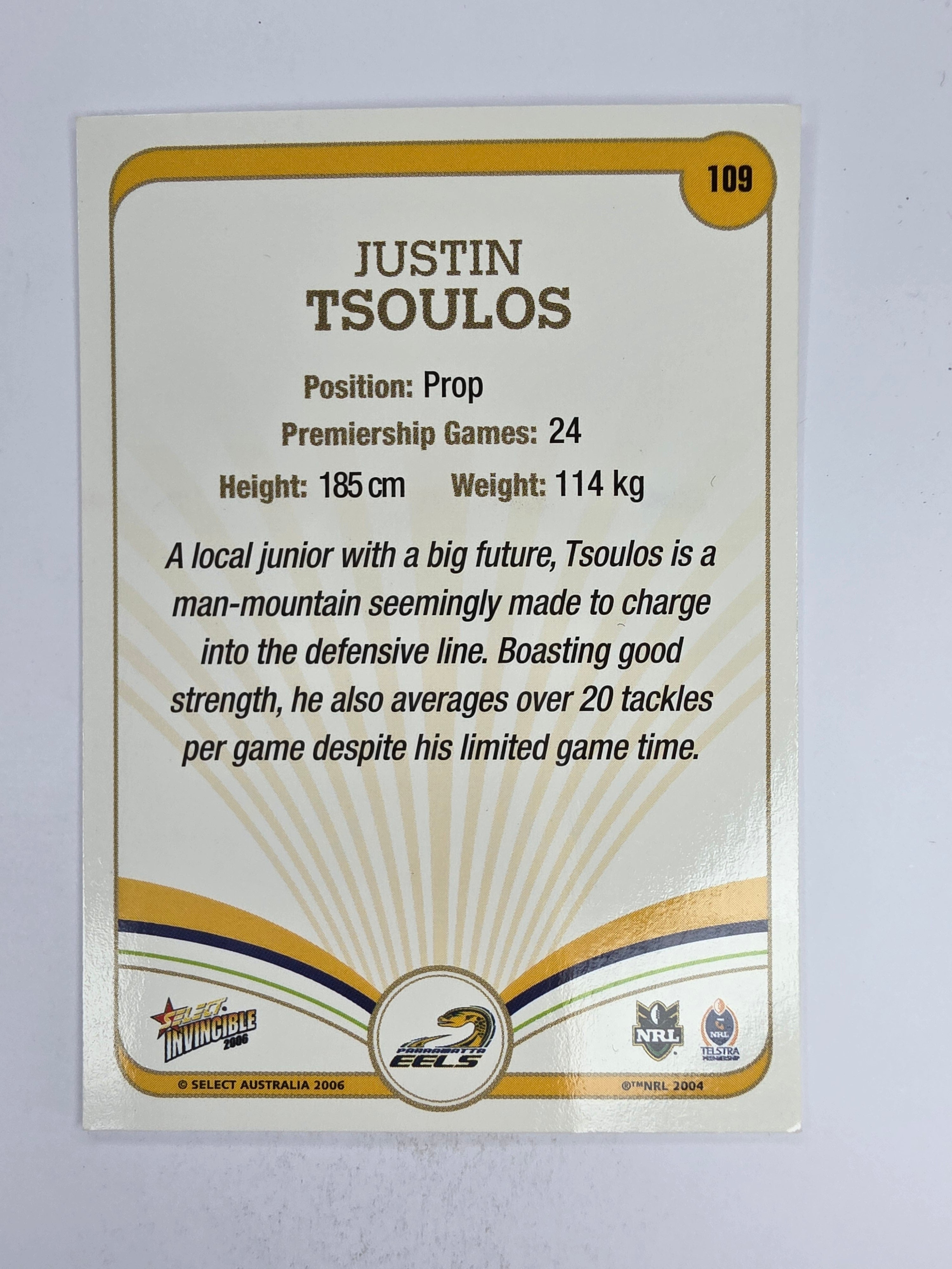 NRL 2006 Invincible Base Card #109 Justin Tsoulos Parramatta Eels