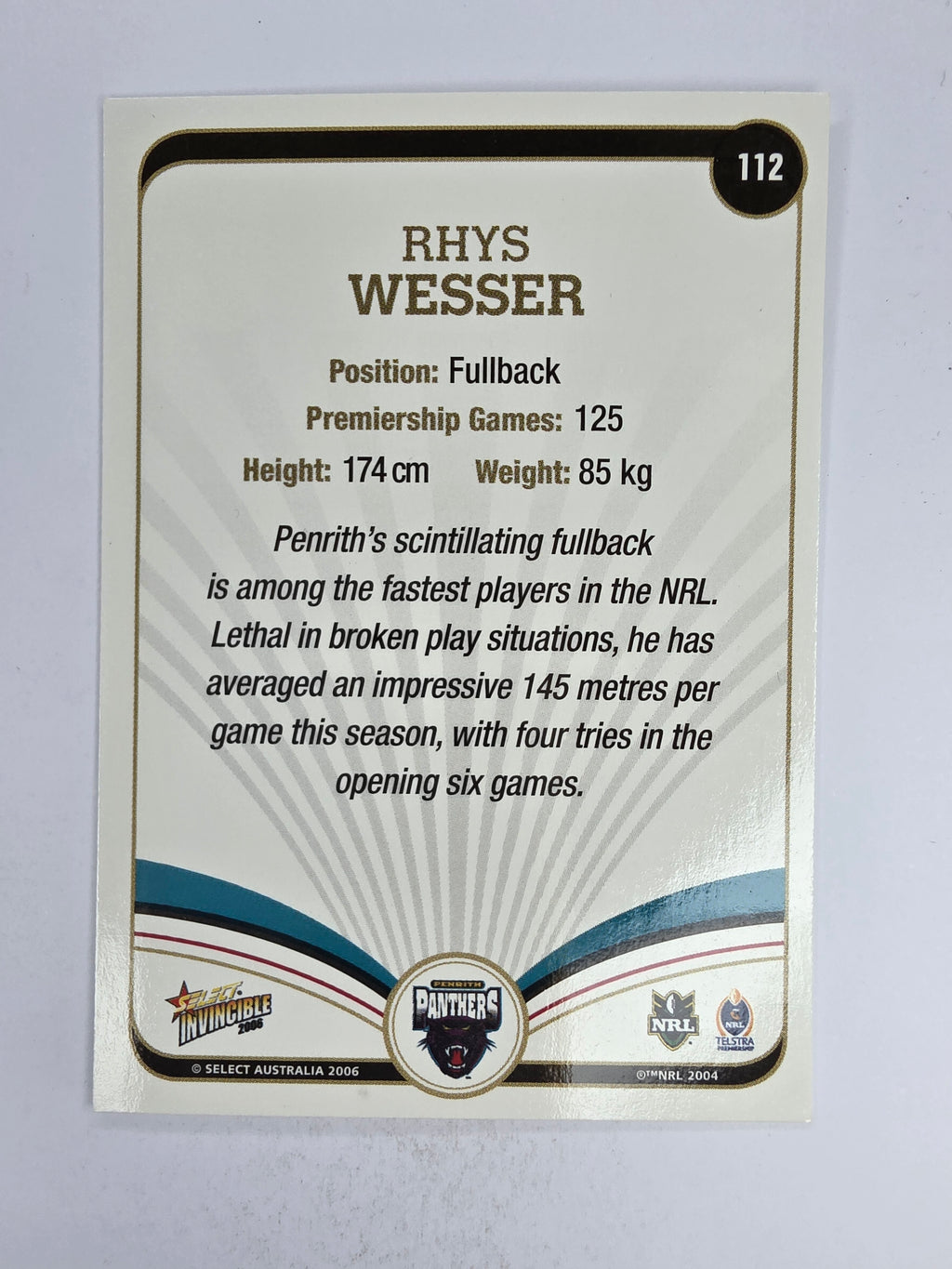 NRL 2006 Invincible Base Card #112 Rhys Wesser Penrith Panthers