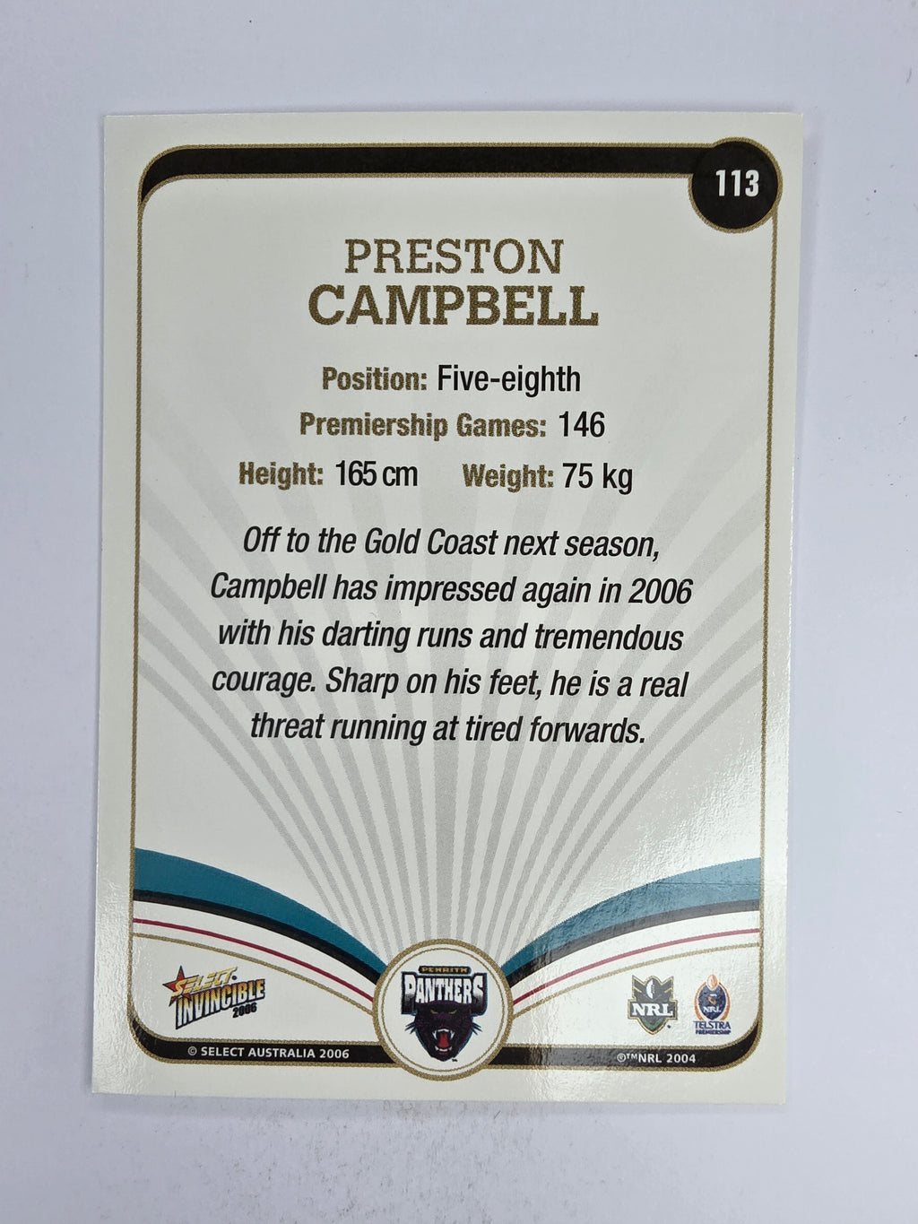 NRL 2006 Invincible Base Card #113 Preston Campbell Penrith Panthers
