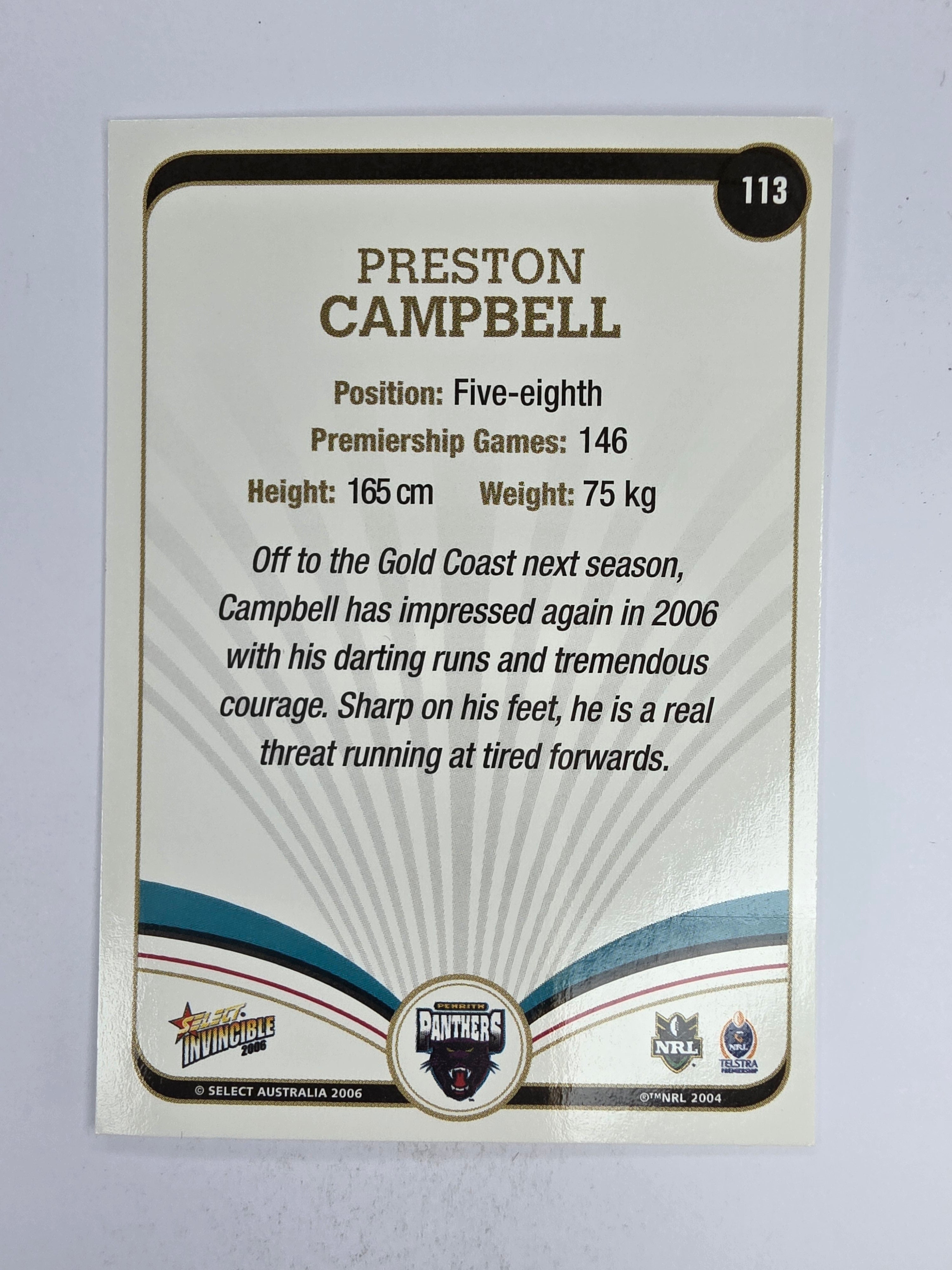 NRL 2006 Invincible Base Card #113 Preston Campbell Penrith Panthers