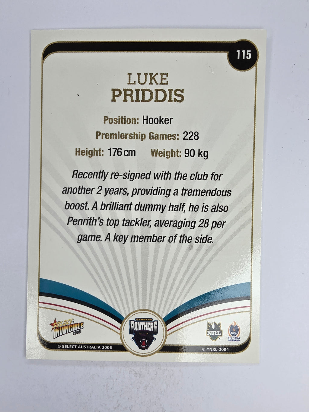 NRL 2006 Invincible Base Card #115 Luke Priddis Penrith Panthers