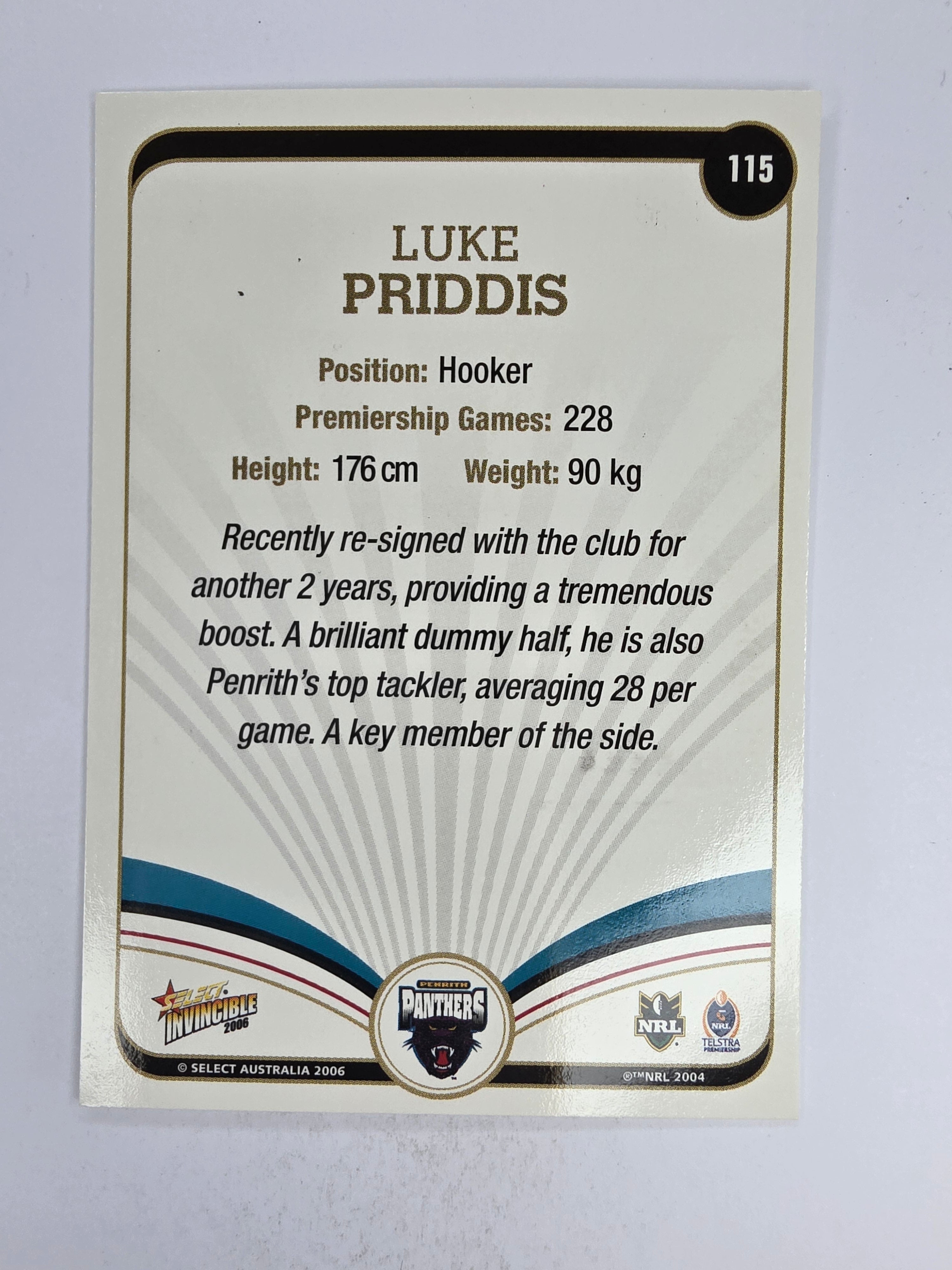 NRL 2006 Invincible Base Card #115 Luke Priddis Penrith Panthers