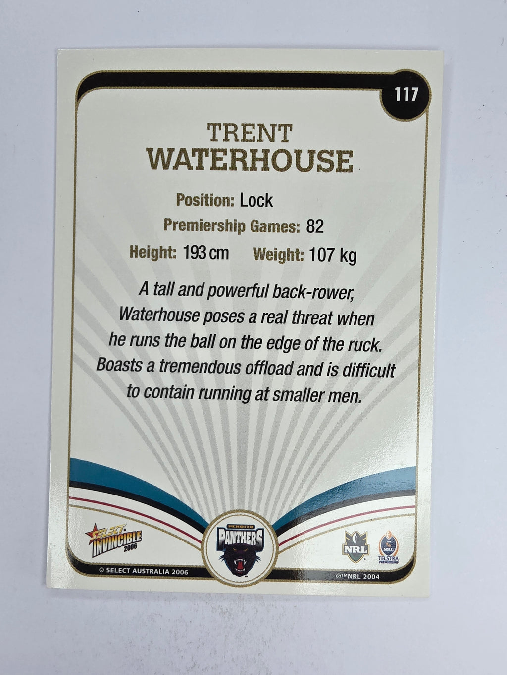 NRL 2006 Invincible Base Card #117 Trent Waterhouse Penrith Panthers