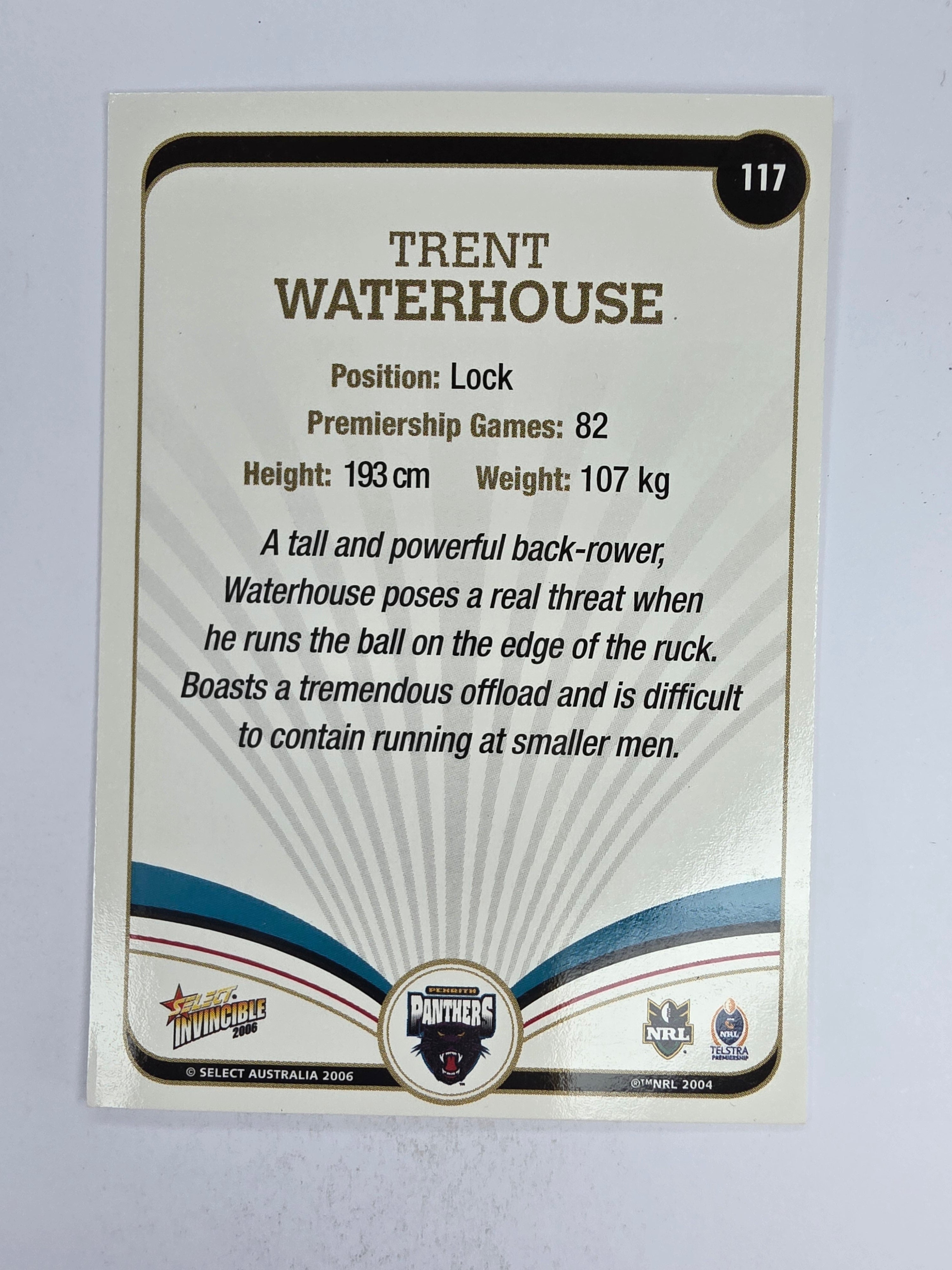 NRL 2006 Invincible Base Card #117 Trent Waterhouse Penrith Panthers