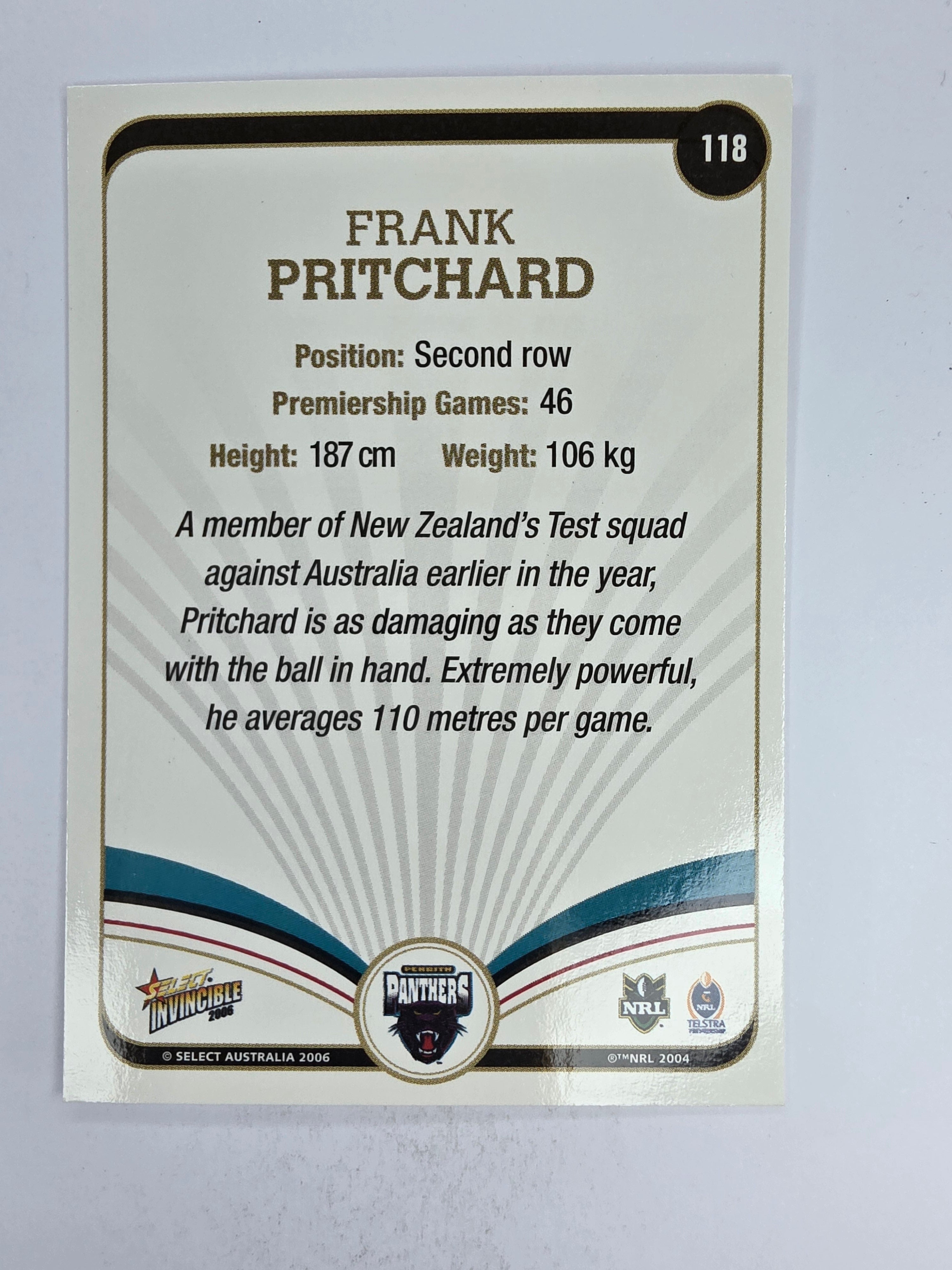 NRL 2006 Invincible Base Card #118 Frank Pritchard Penrith Panthers