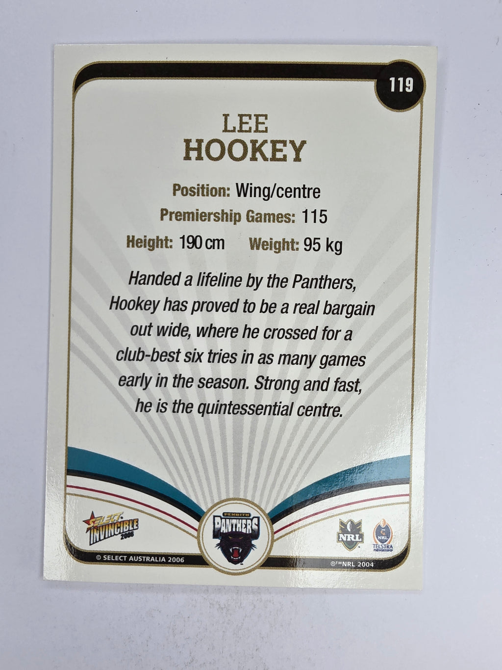 NRL 2006 Invincible Base Card #119 Lee Hookey Penrith Panthers