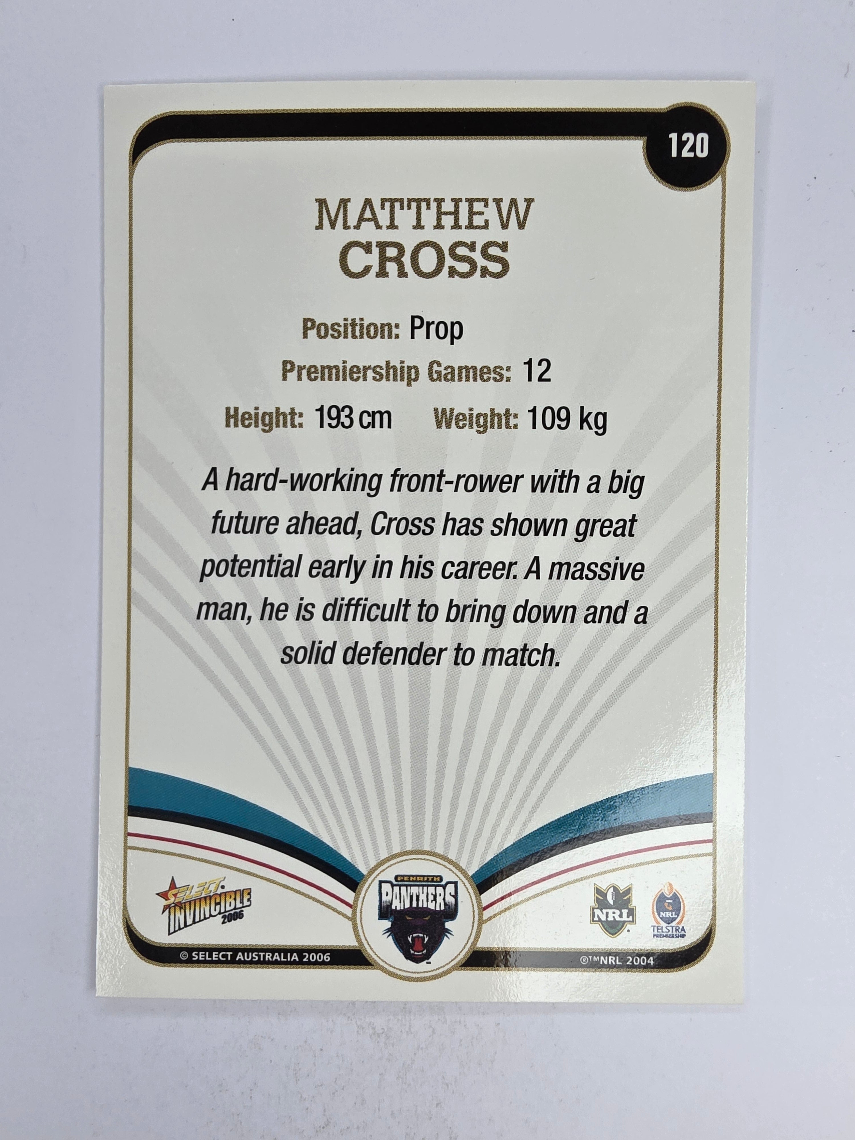 NRL 2006 Invincible Base Card #120 Matthew Cross Penrith Panthers