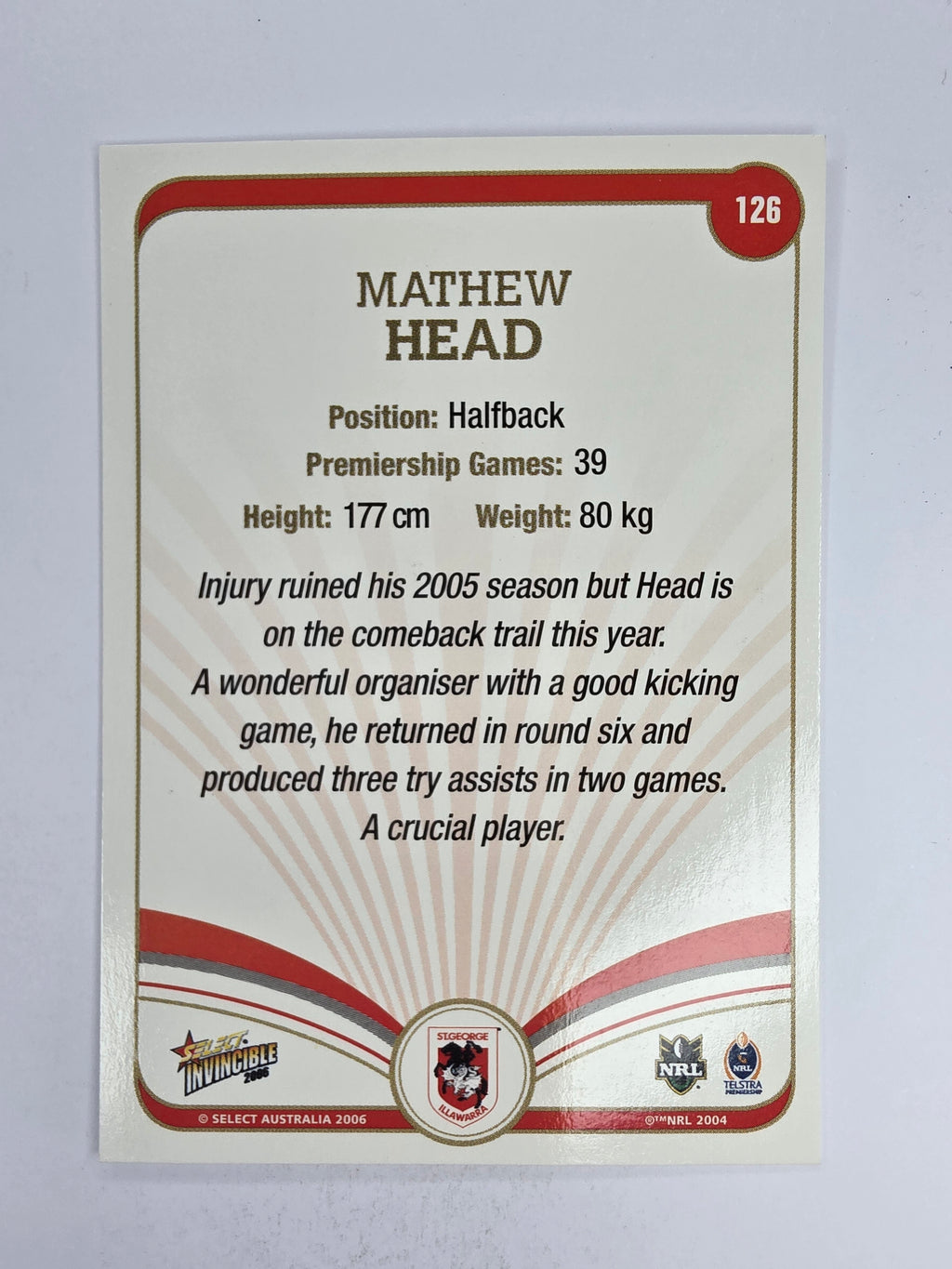NRL 2006 Invincible Base Card #126 Mathew Head St George Illawarra Dragons