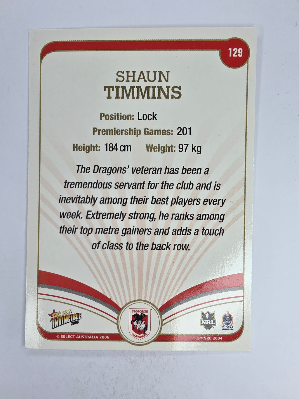 NRL 2006 Invincible Base Card #129 Shaun Timmins St George Illawarra Dragons