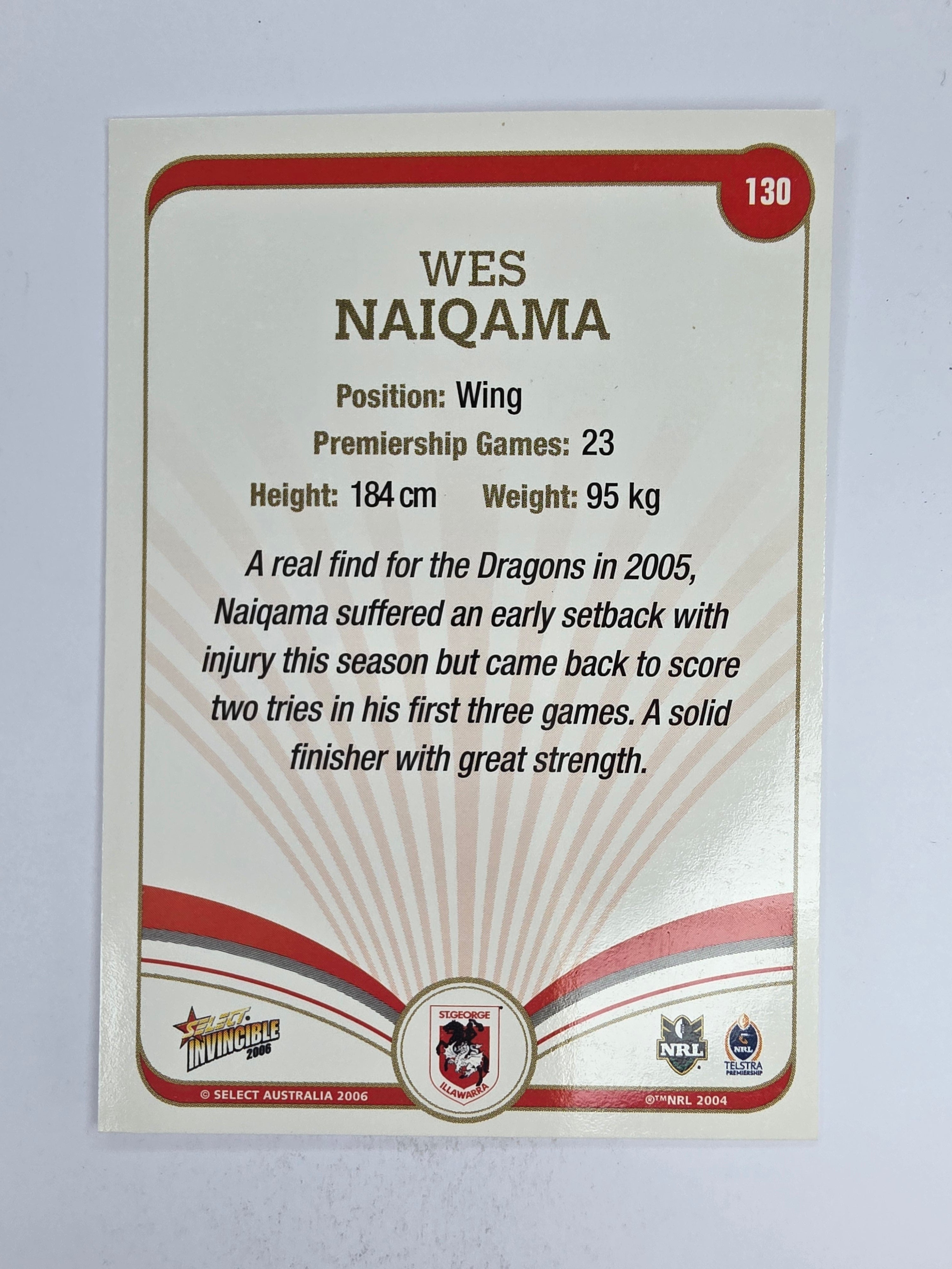 NRL 2006 Invincible Base Card #130 Wes Naiqama St George Illawarra Dragons