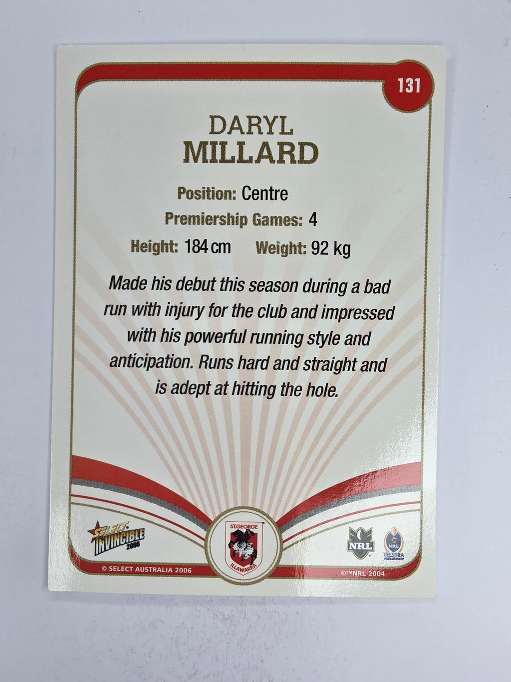 NRL 2006 Invincible Base Card #131 Daryl Millard St George Illawarra Dragons