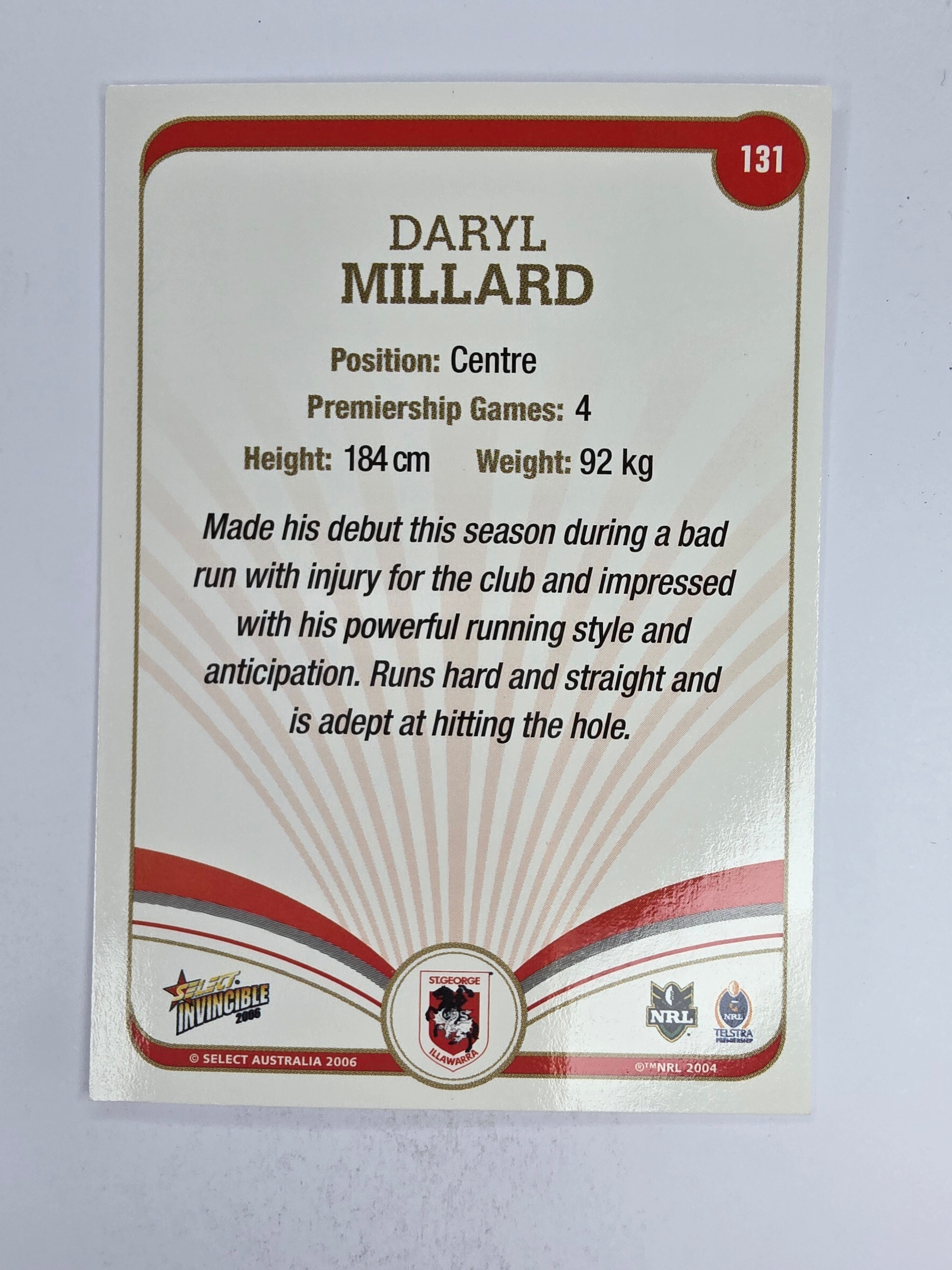 NRL 2006 Invincible Base Card #131 Daryl Millard St George Illawarra Dragons