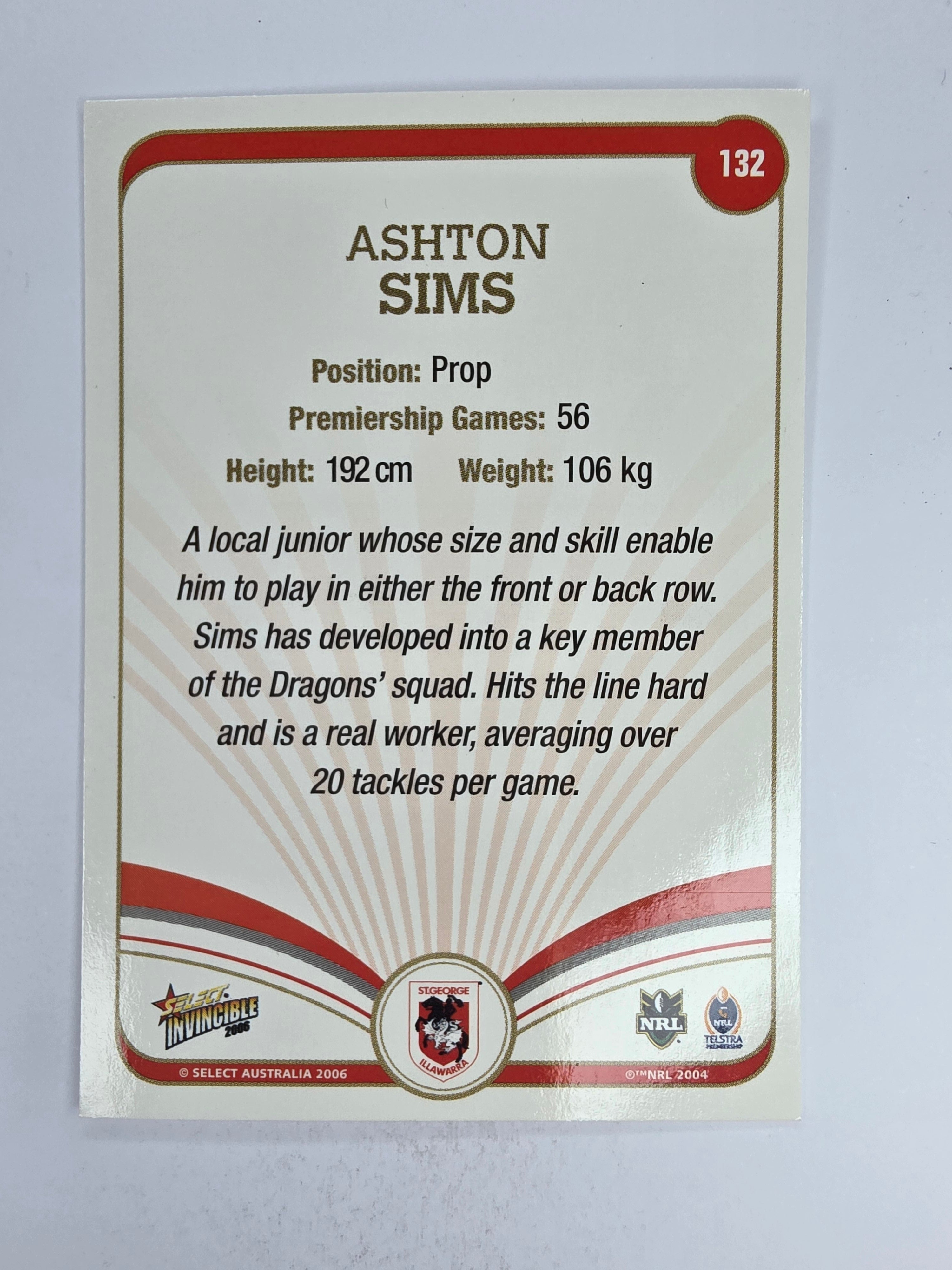 NRL 2006 Invincible Base Card #132 Ashton Sims St George Illawarra Dragons