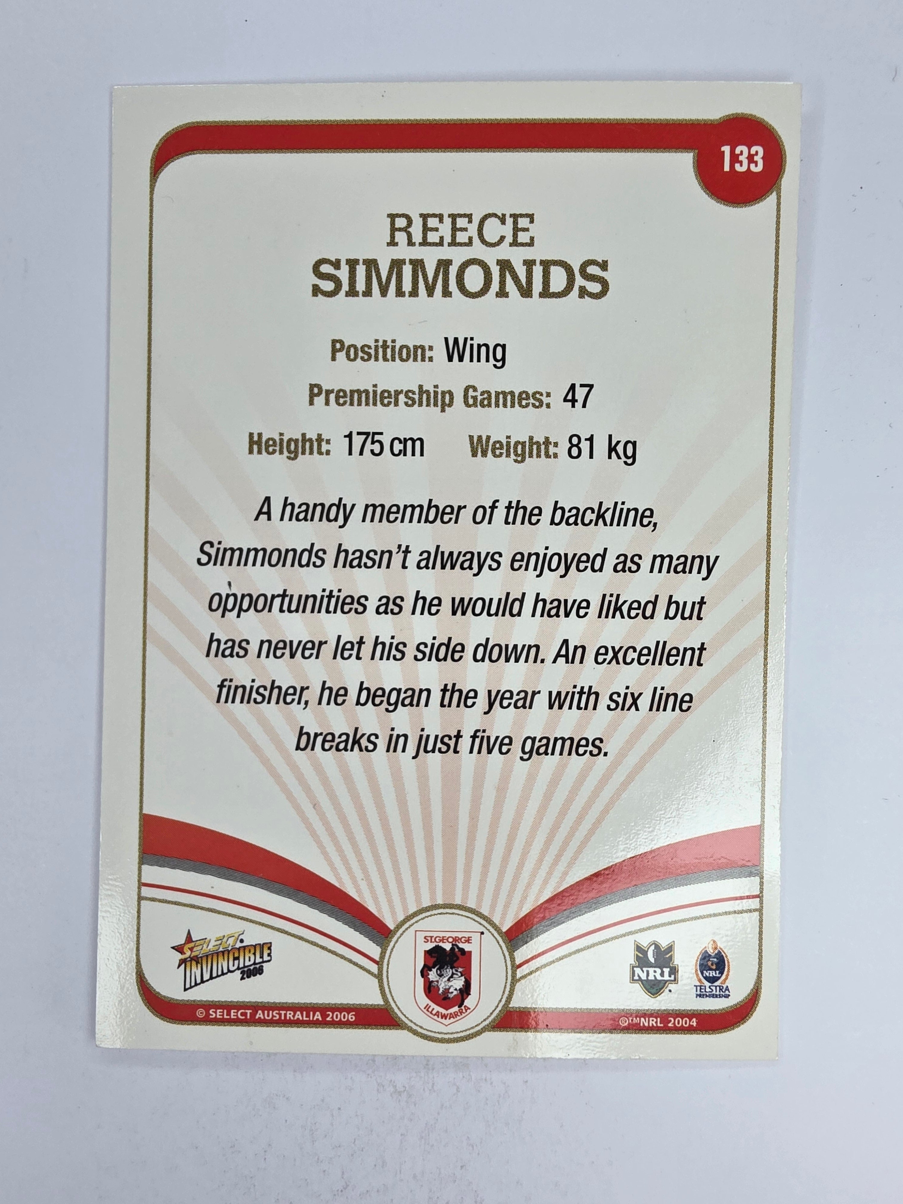 NRL 2006 Invincible Base Card #133 Reece Simmonds St George Illawarra Dragons