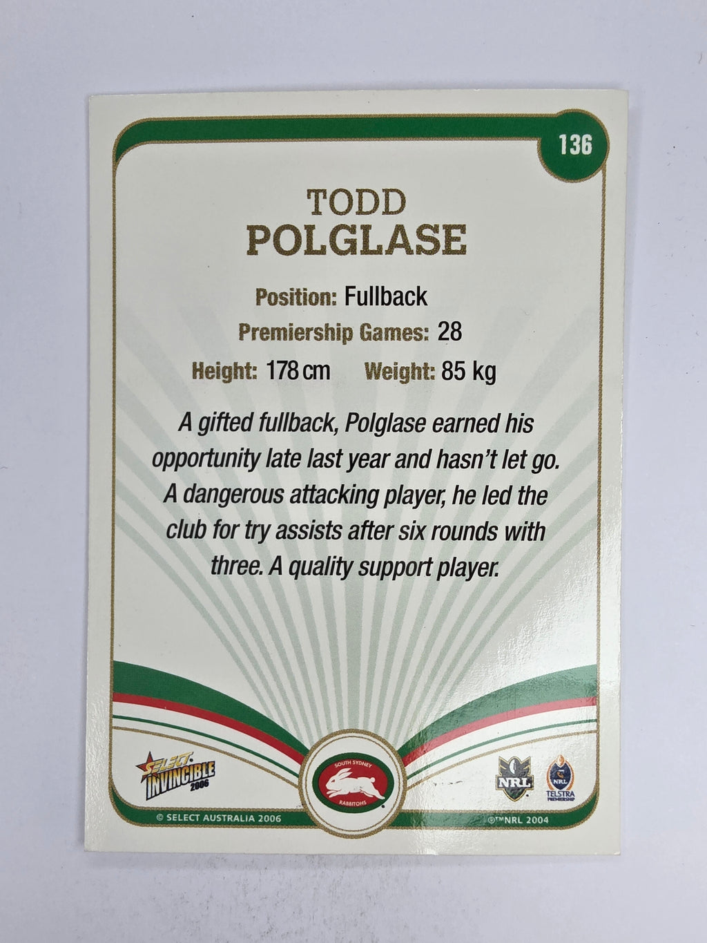 NRL 2006 Invincible Base Card #136 Todd Polglase South Sydney Rabbitohs