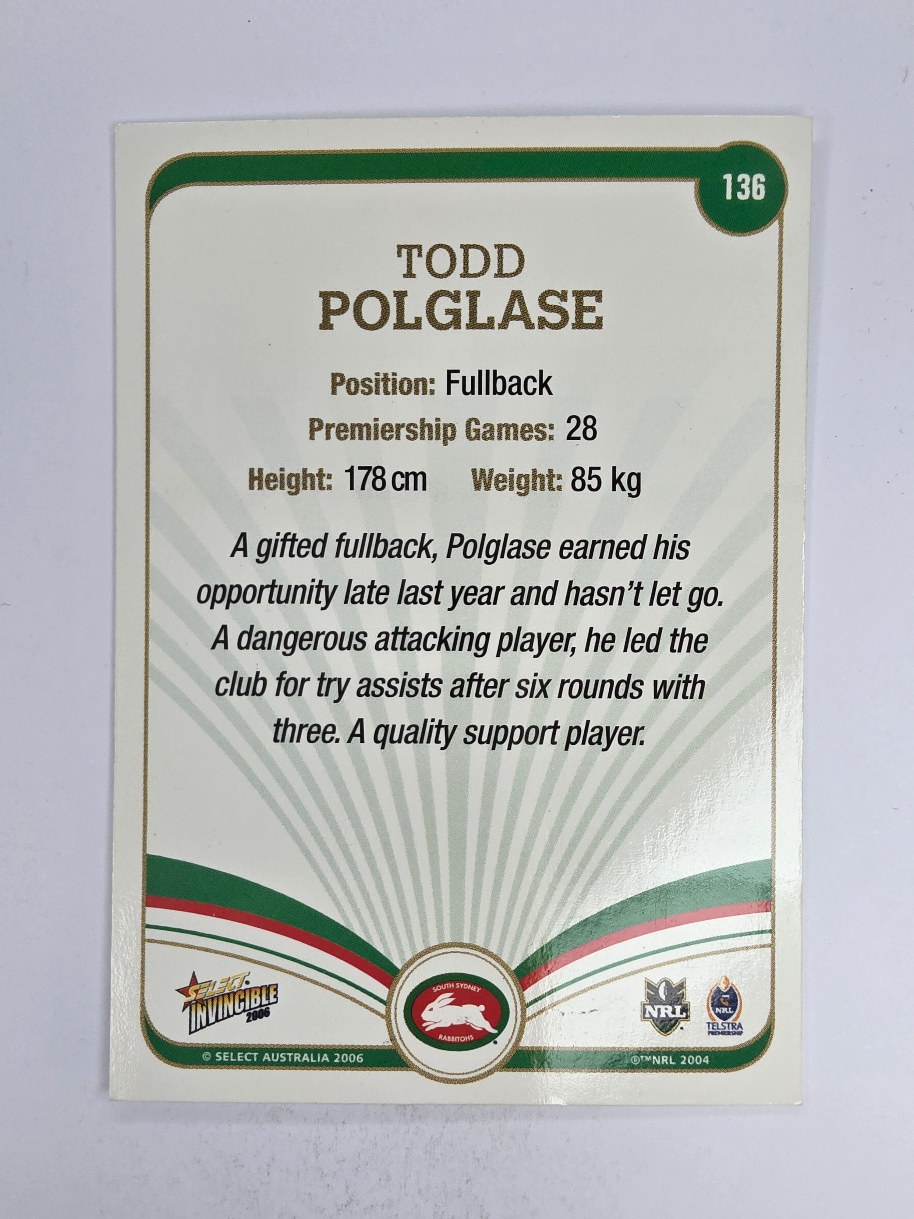 NRL 2006 Invincible Base Card #136 Todd Polglase South Sydney Rabbitohs
