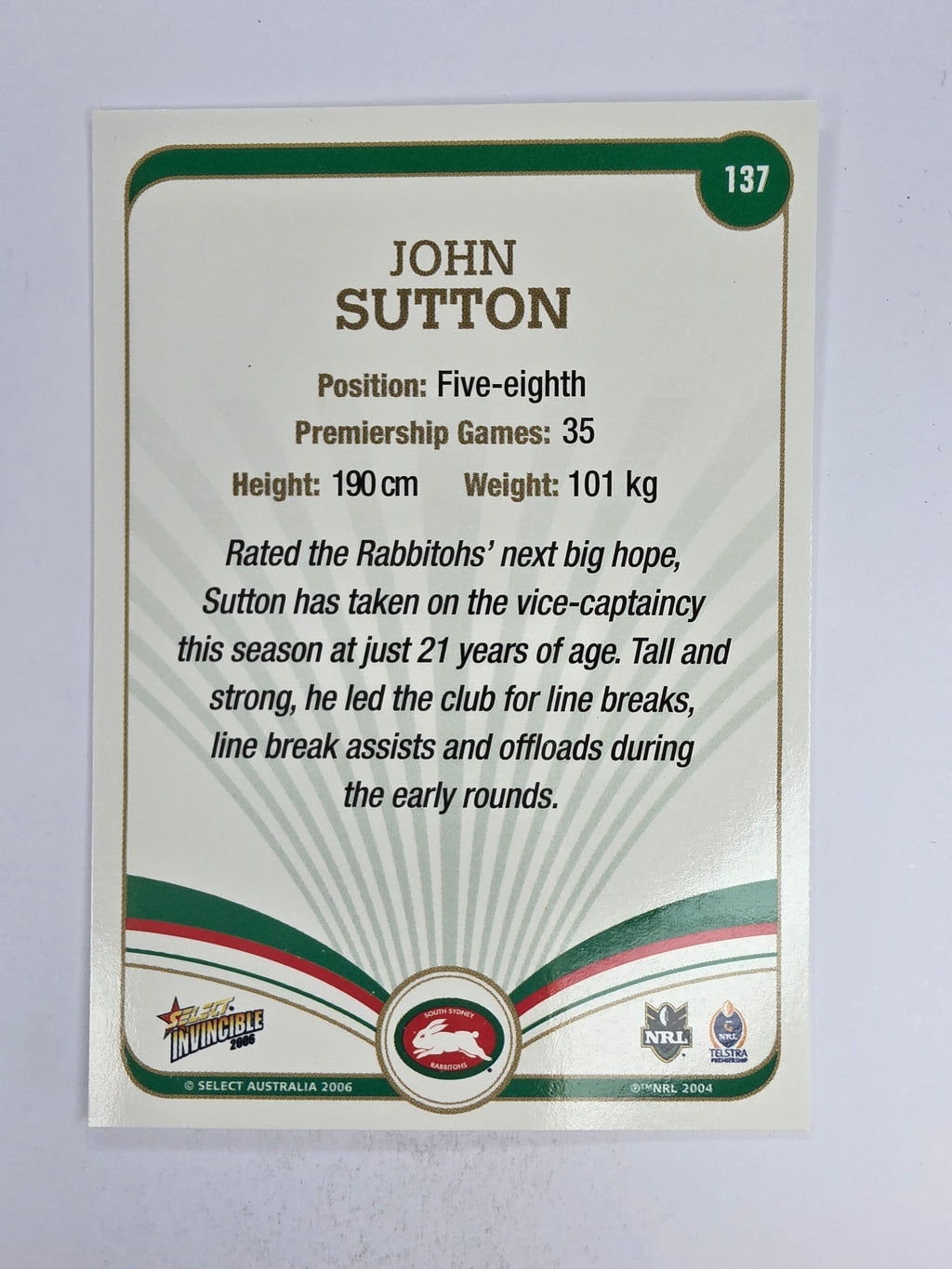 NRL 2006 Invincible Base Card #137 John Sutton South Sydney Rabbitohs