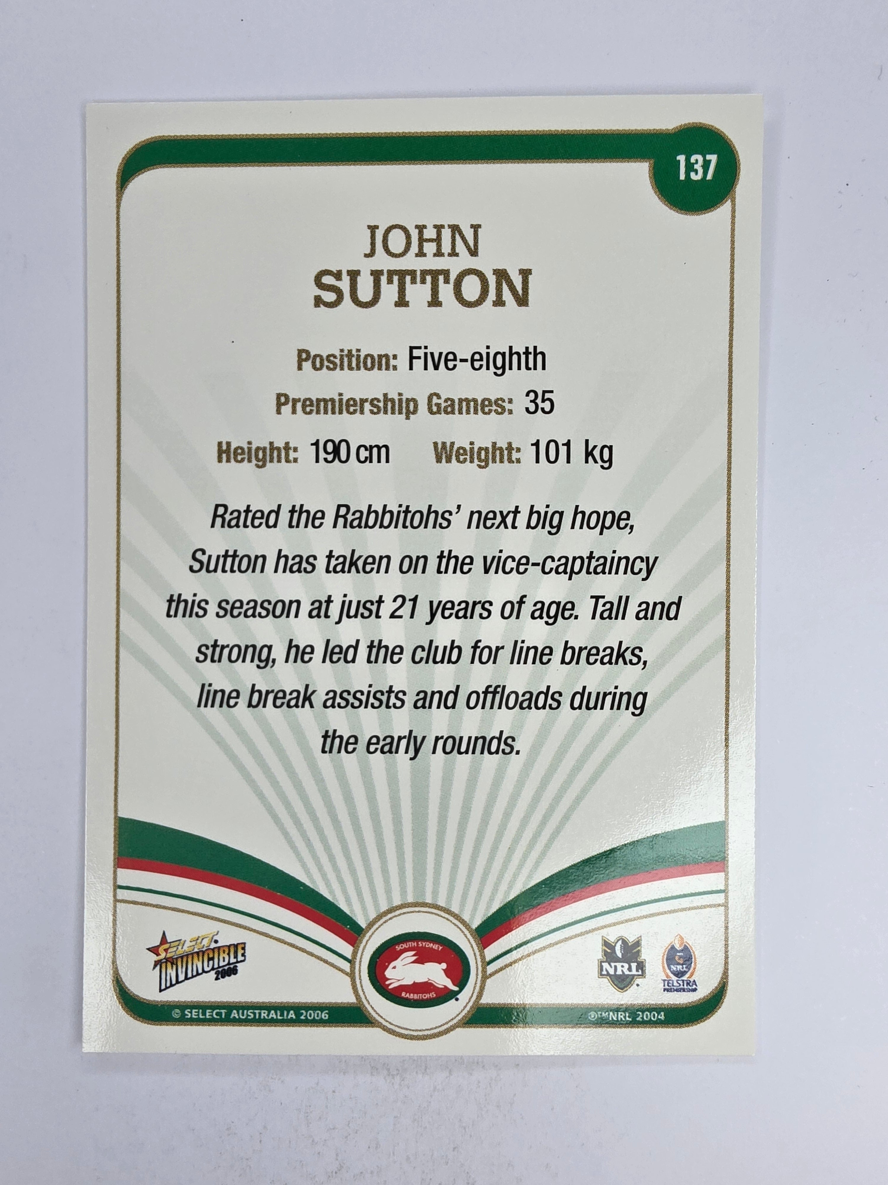 NRL 2006 Invincible Base Card #137 John Sutton South Sydney Rabbitohs