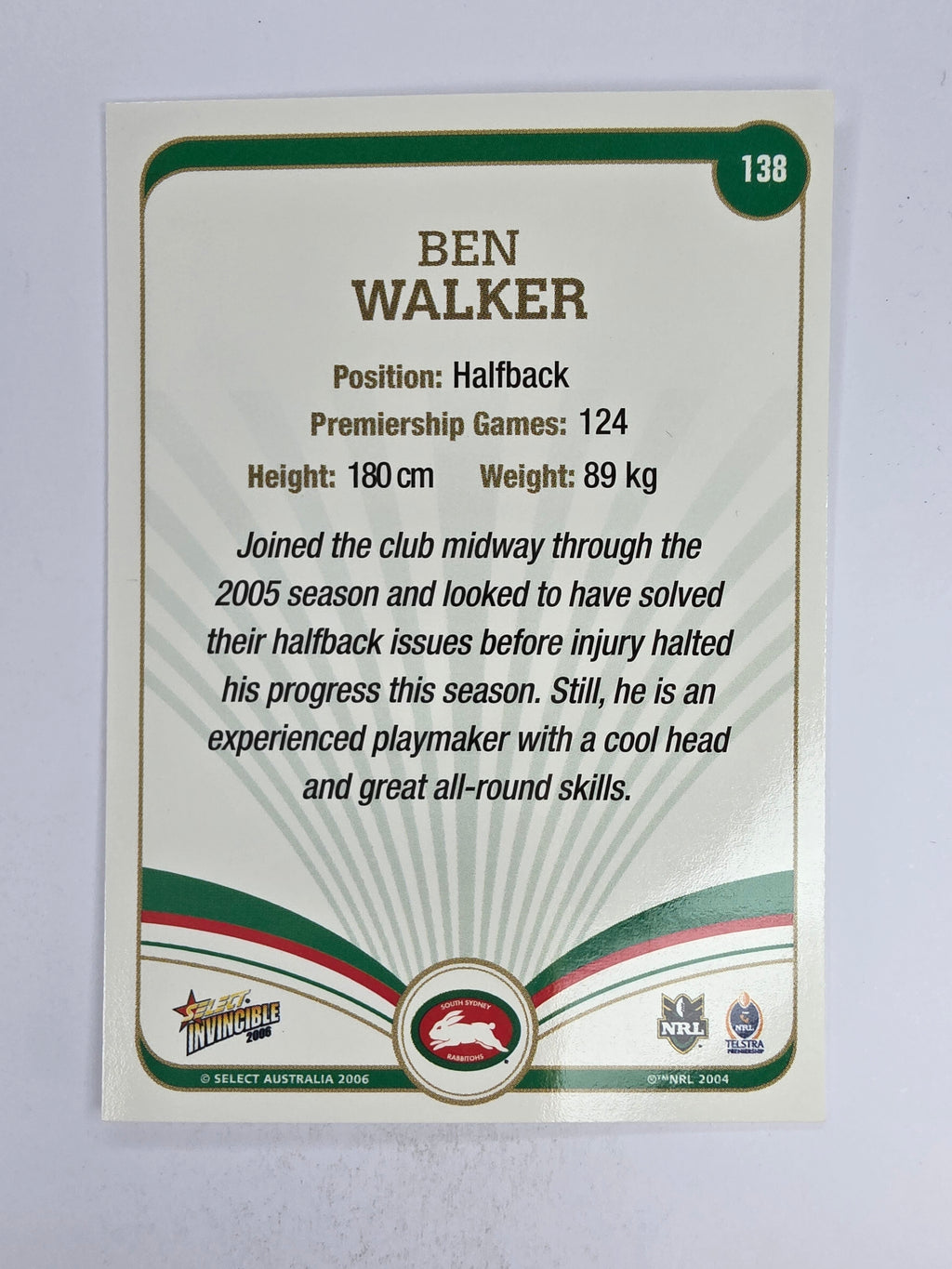 NRL 2006 Invincible Base Card #138 Ben Walker South Sydney Rabbitohs