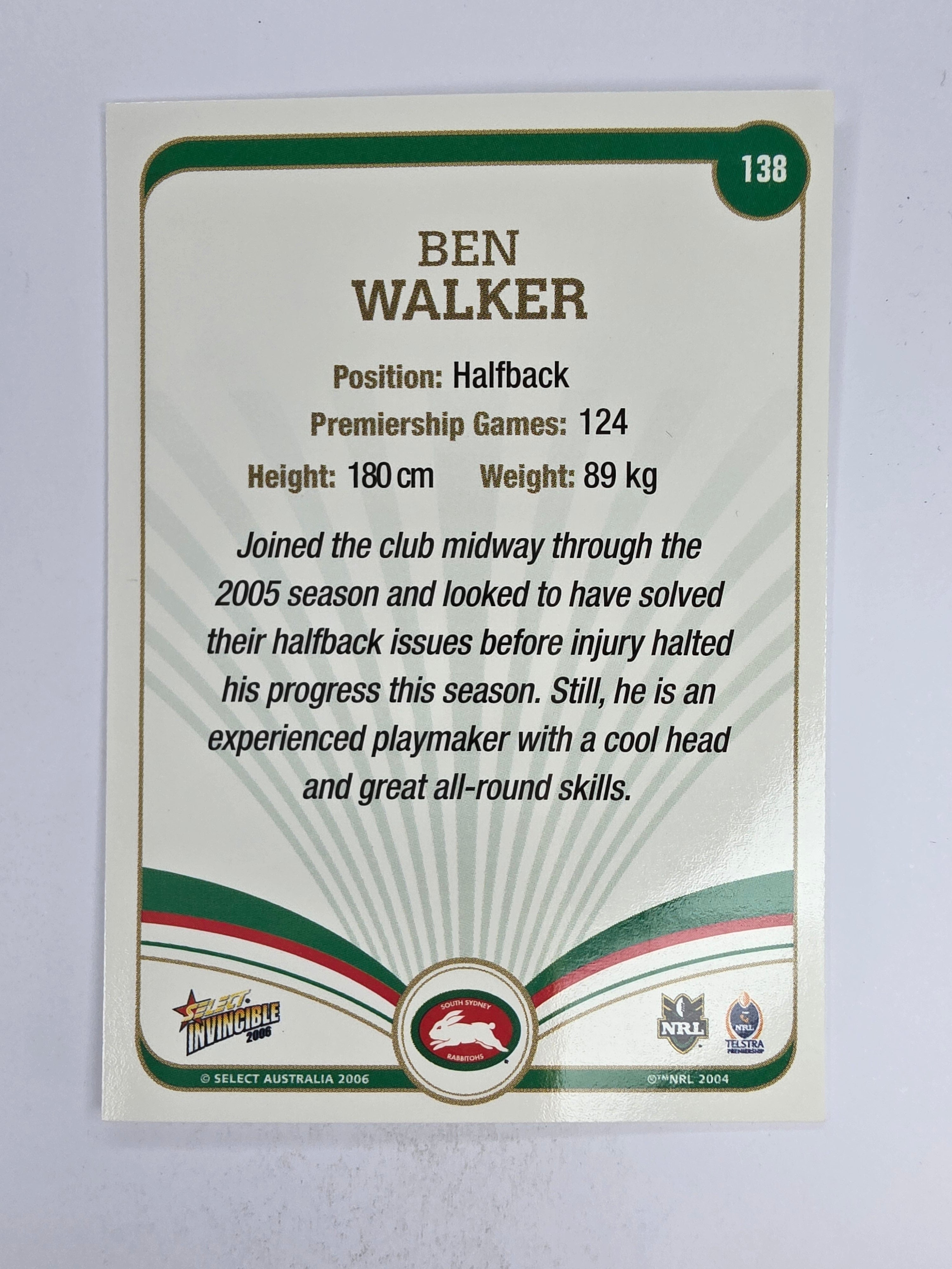 NRL 2006 Invincible Base Card #138 Ben Walker South Sydney Rabbitohs