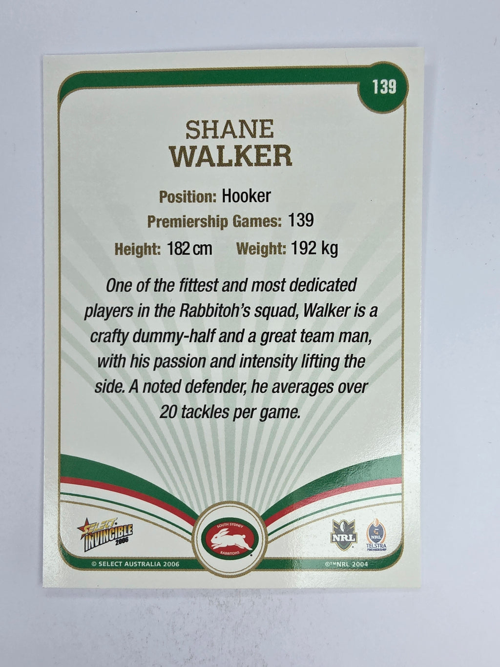 NRL 2006 Invincible Base Card #139 Shane Walker South Sydney Rabbitohs