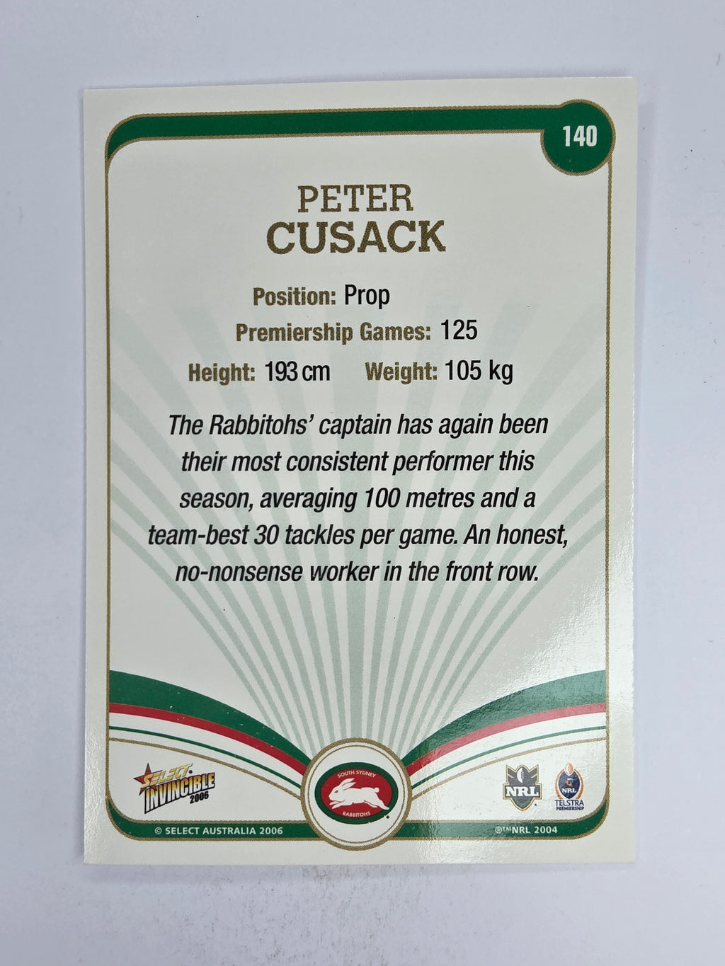 NRL 2006 Invincible Base Card #140 Peter Cusack South Sydney Rabbitohs