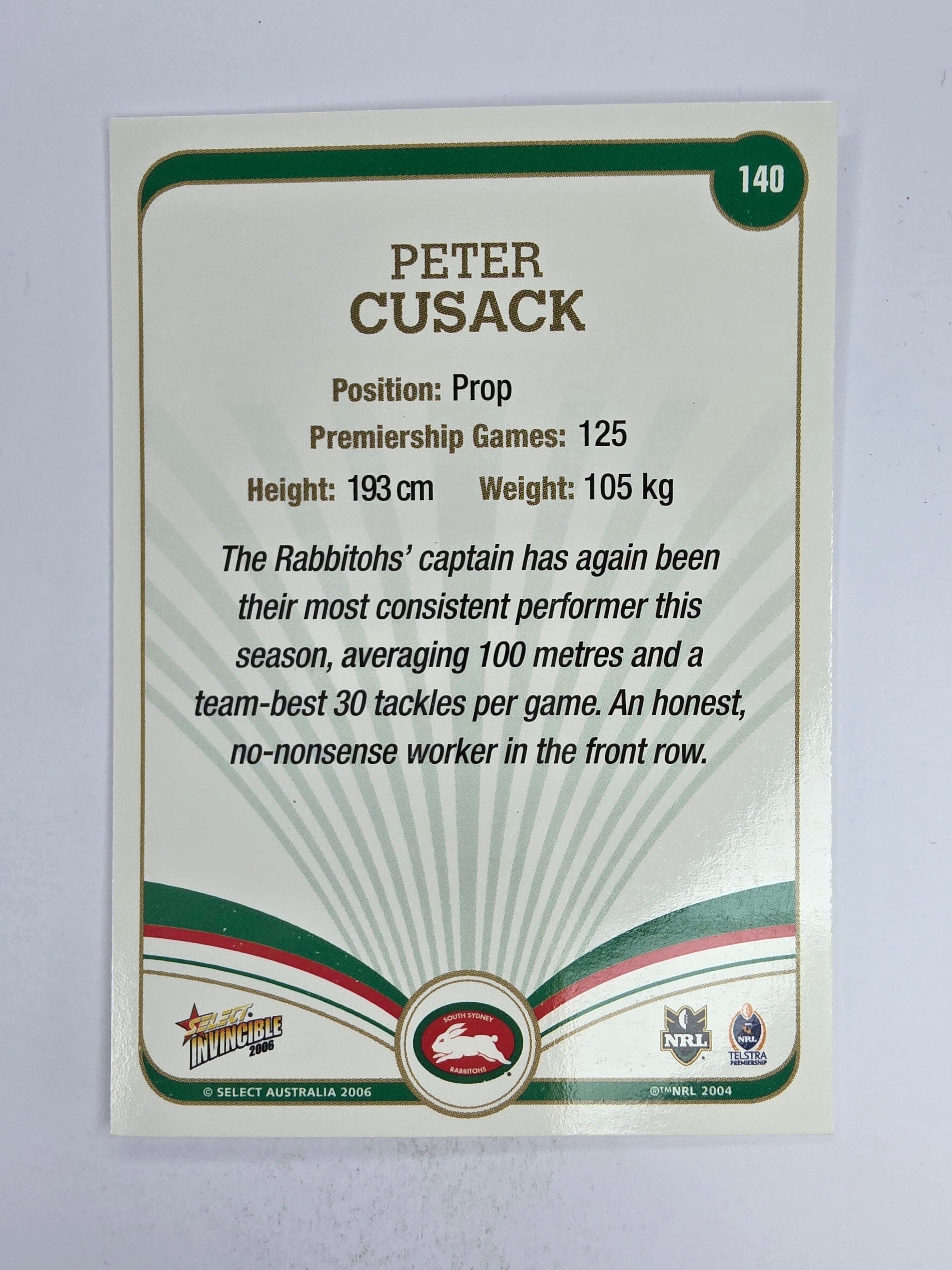 NRL 2006 Invincible Base Card #140 Peter Cusack South Sydney Rabbitohs