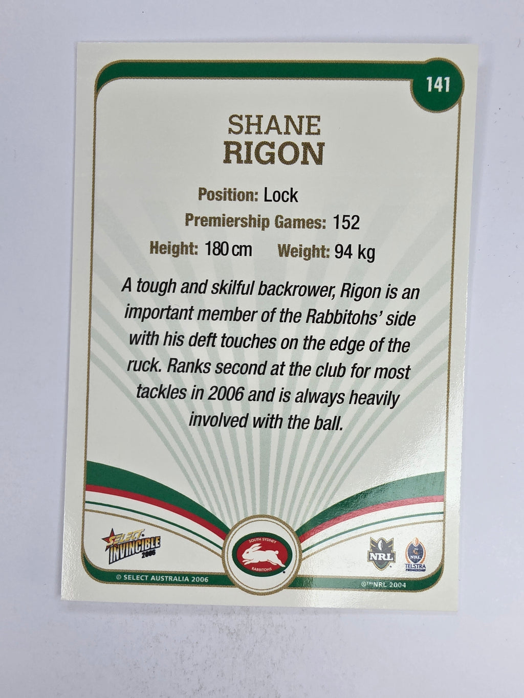 NRL 2006 Invincible Base Card #141 Shane Rigon South Sydney Rabbitohs