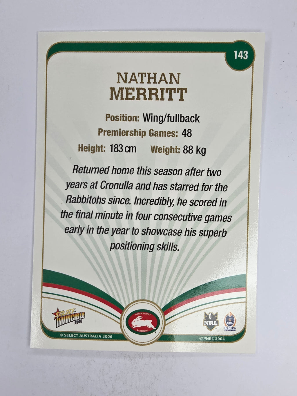 NRL 2006 Invincible Base Card #143 Nathan Merritt South Sydney Rabbitohs