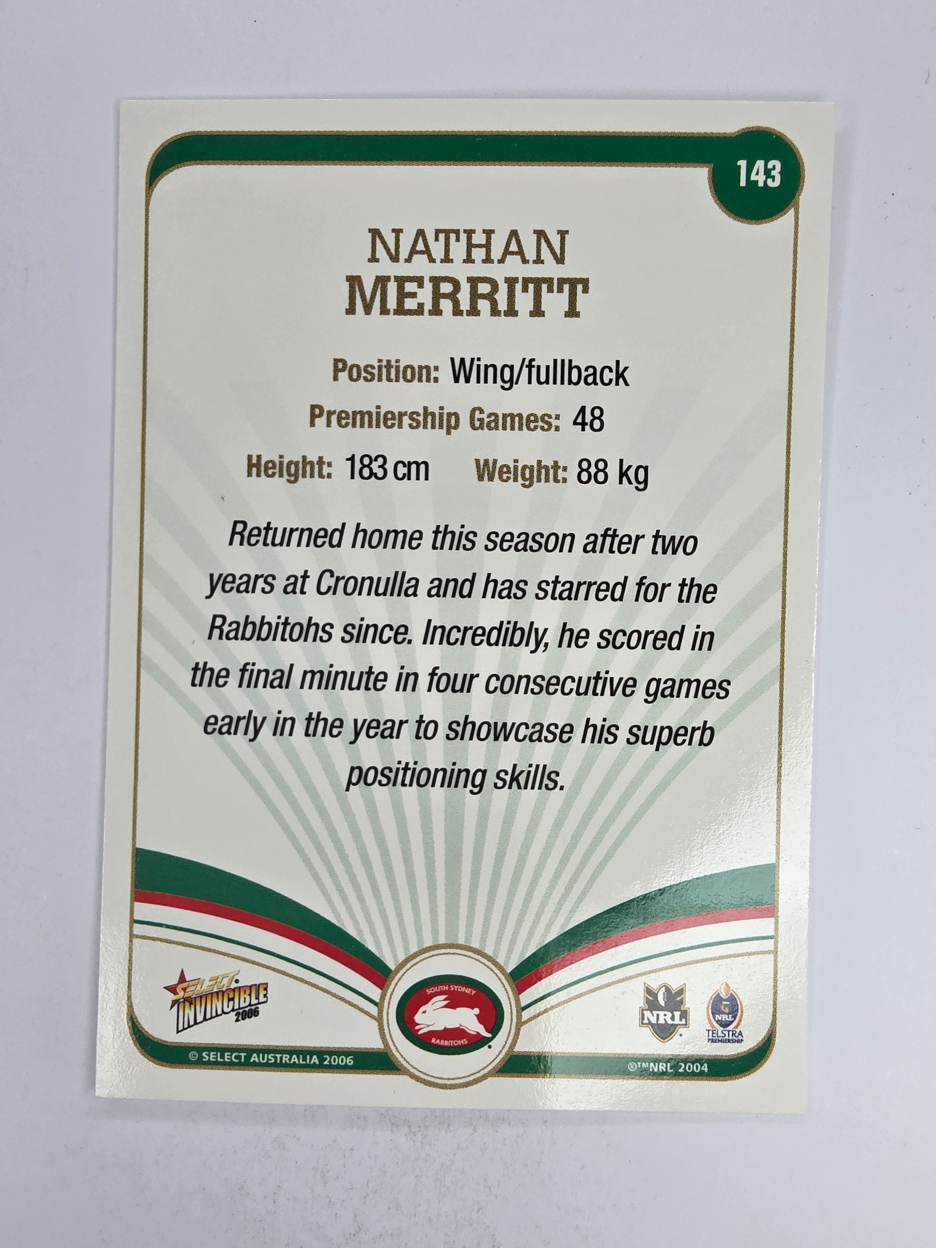 NRL 2006 Invincible Base Card #143 Nathan Merritt South Sydney Rabbitohs