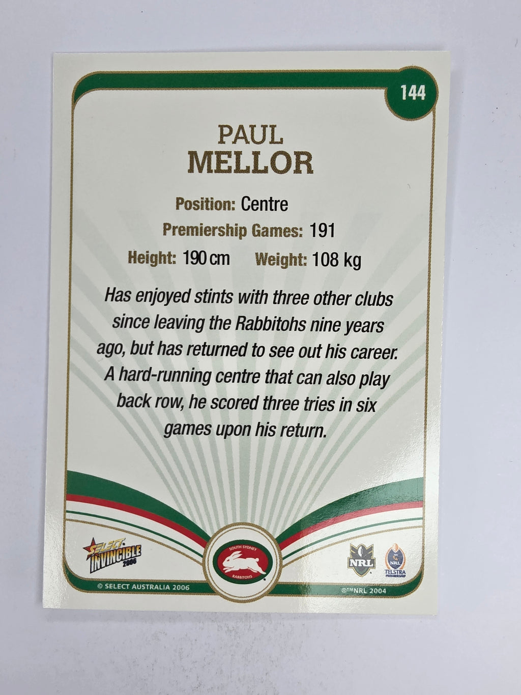 NRL 2006 Invincible Base Card #144 Paul Mellor South Sydney Rabbitohs