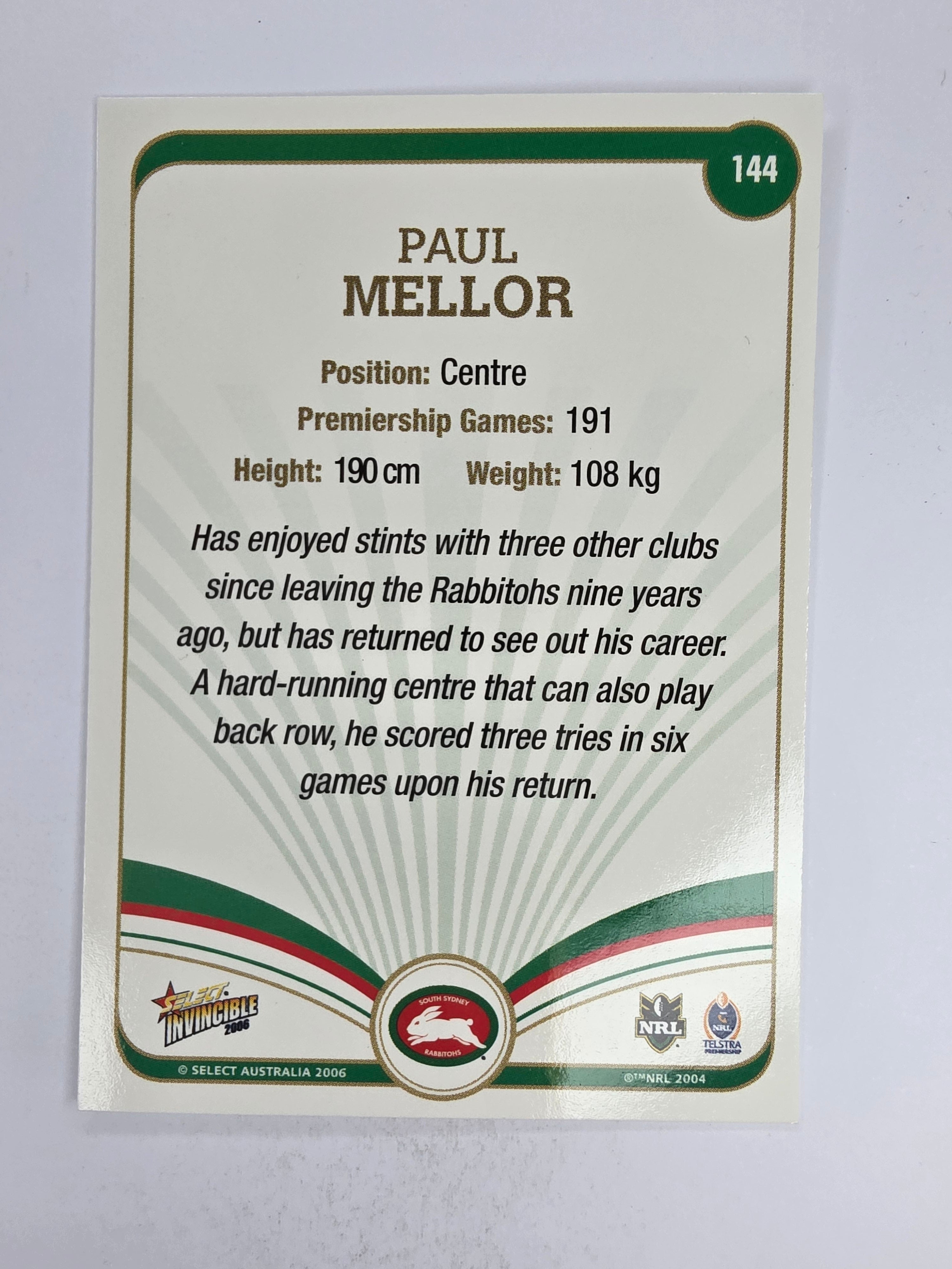 NRL 2006 Invincible Base Card #144 Paul Mellor South Sydney Rabbitohs