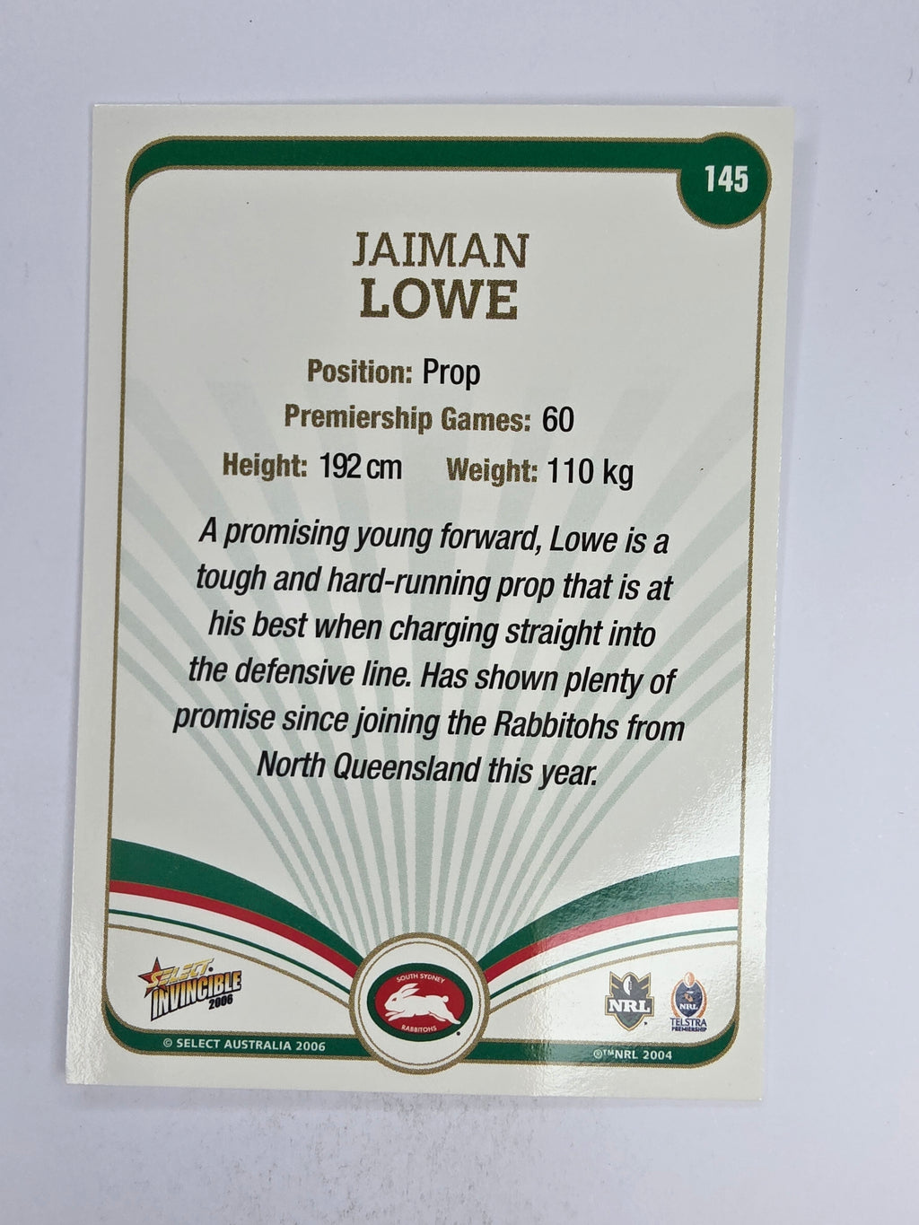 NRL 2006 Invincible Base Card #145 Jaiman Lowe South Sydney Rabbitohs