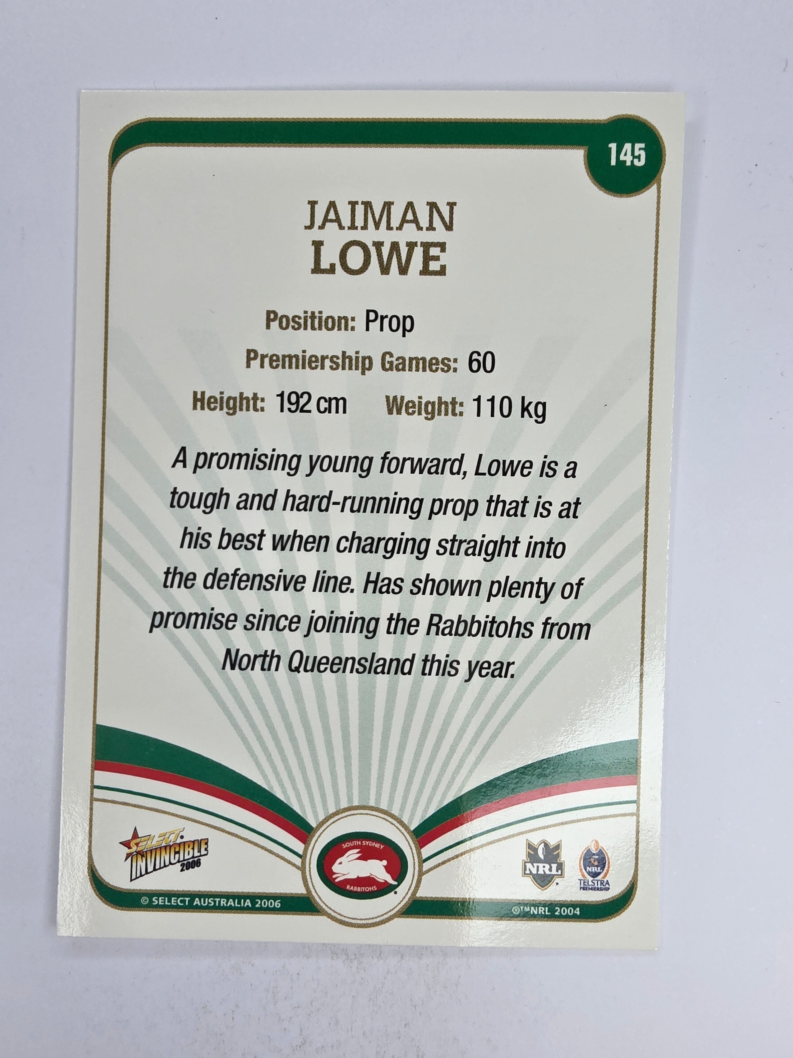 NRL 2006 Invincible Base Card #145 Jaiman Lowe South Sydney Rabbitohs