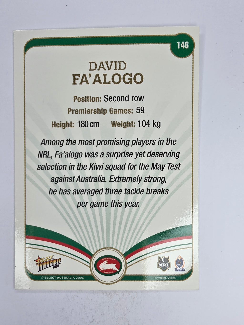 NRL 2006 Invincible Base Card #146 David Fa’alogo South Sydney Rabbitohs