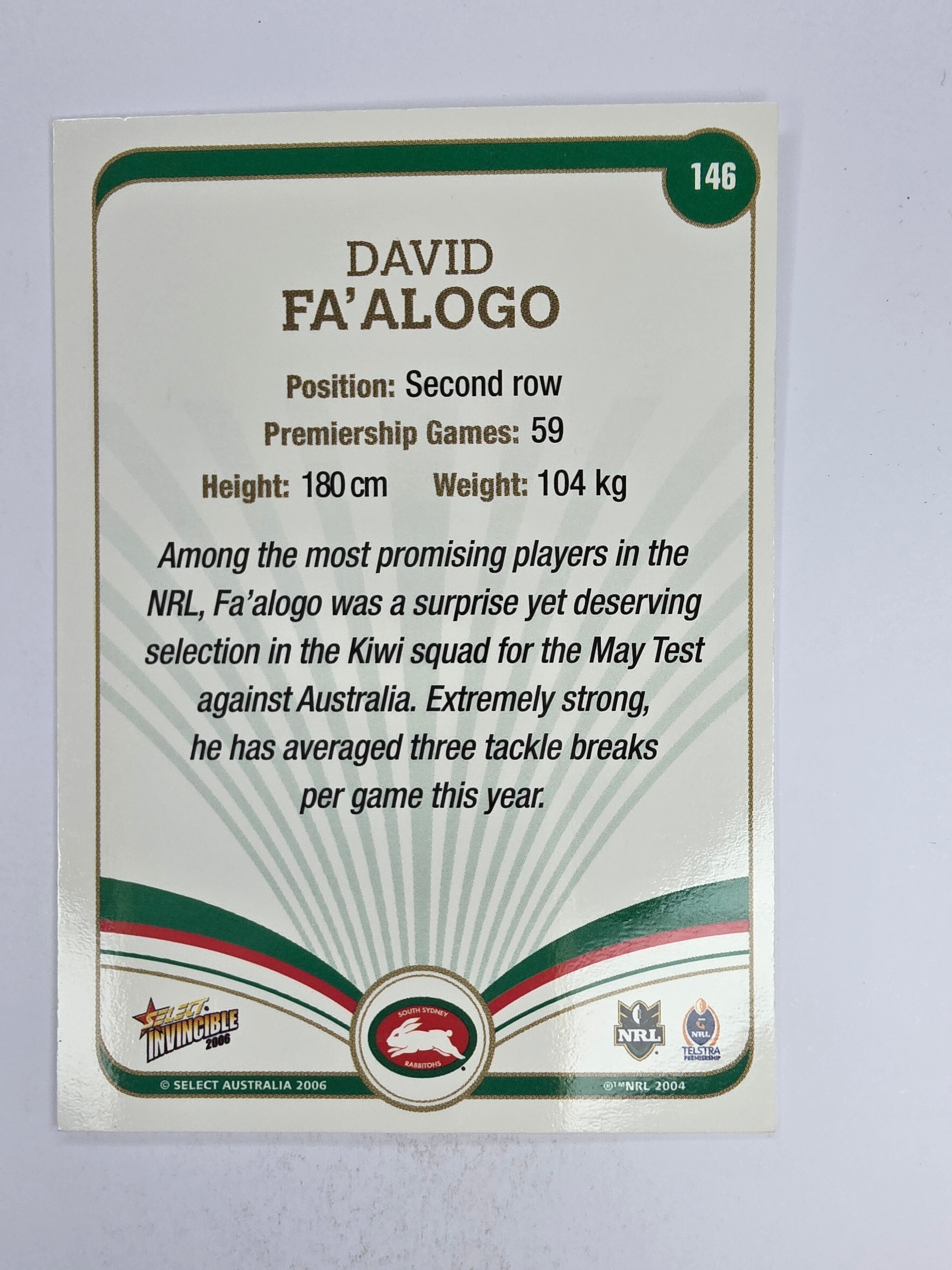 NRL 2006 Invincible Base Card #146 David Fa’alogo South Sydney Rabbitohs