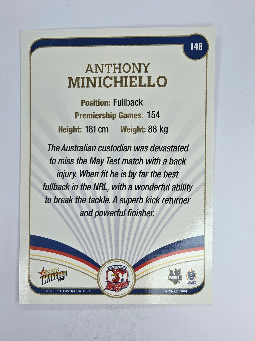 NRL 2006 Invincible Base Card #148 Anthony Minichiello Sydney Roosters