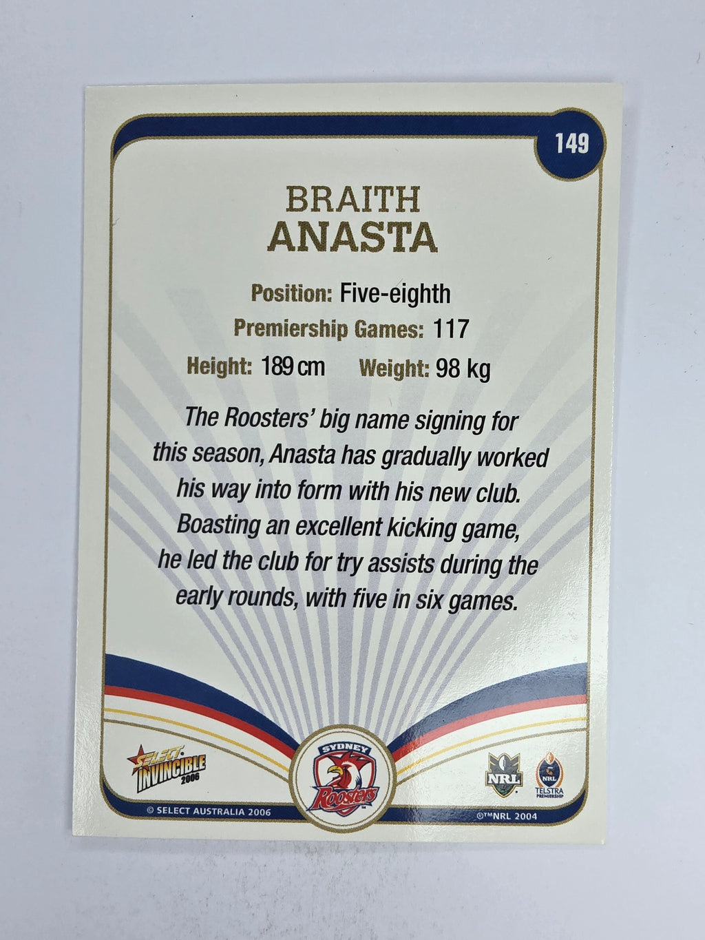 NRL 2006 Invincible Base Card #149 Braith Anasta Sydney Roosters