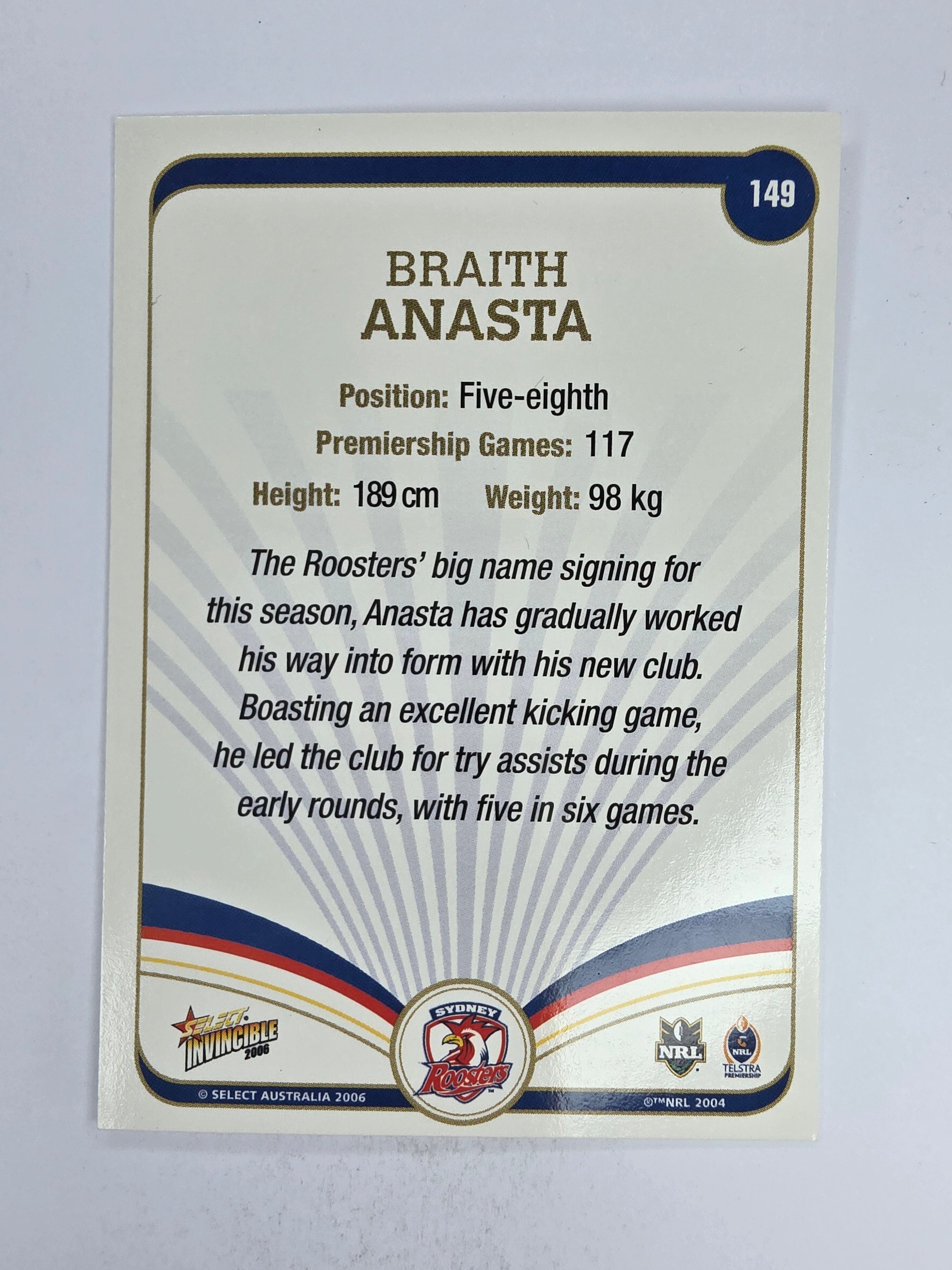 NRL 2006 Invincible Base Card #149 Braith Anasta Sydney Roosters