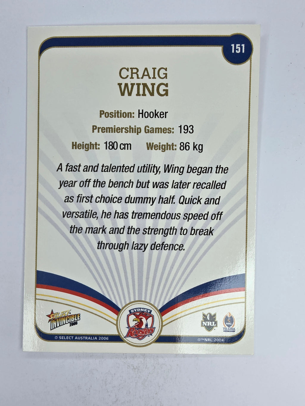 NRL 2006 Invincible Base Card #151 Craig Wing Sydney Roosters