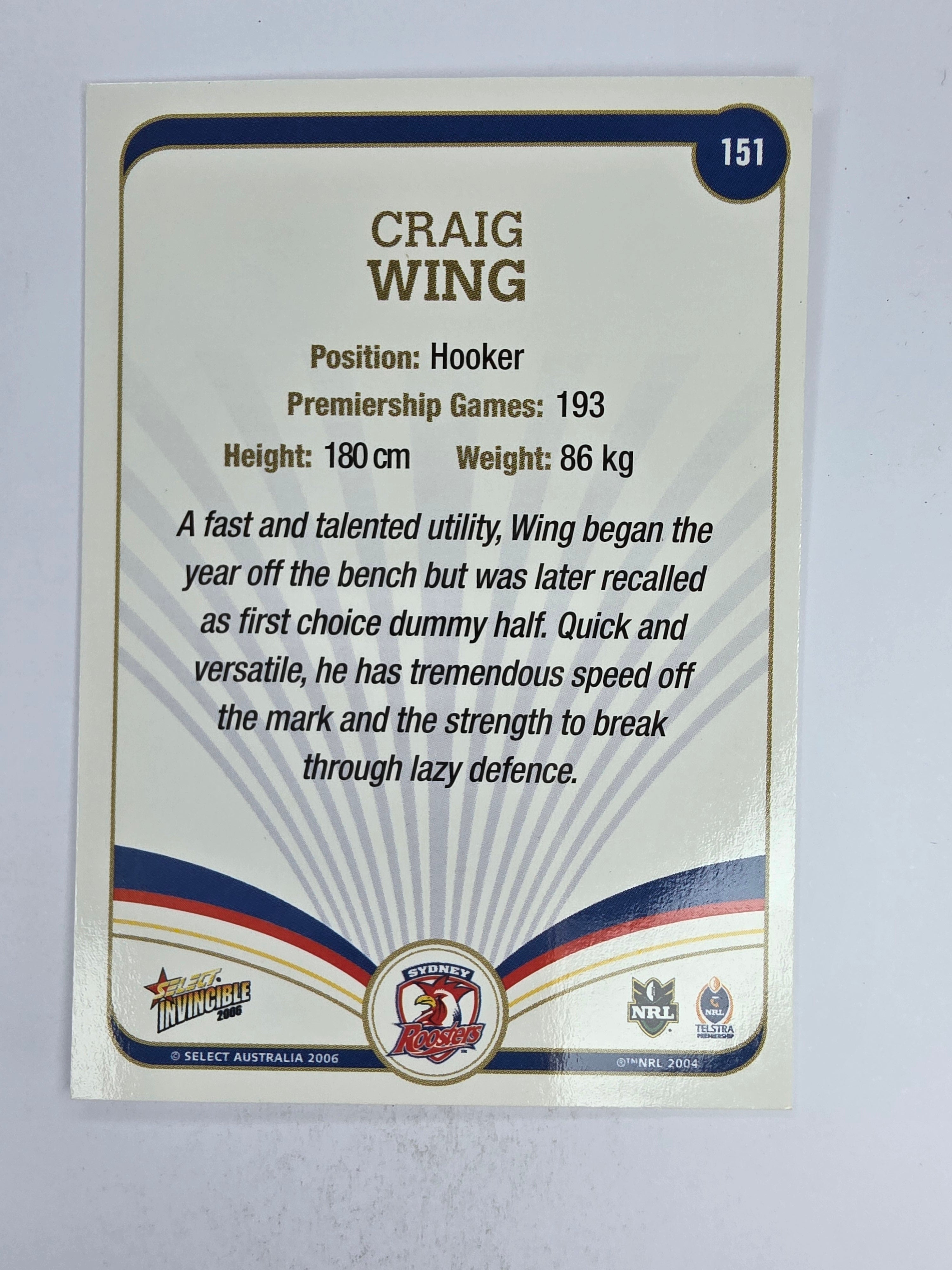 NRL 2006 Invincible Base Card #151 Craig Wing Sydney Roosters