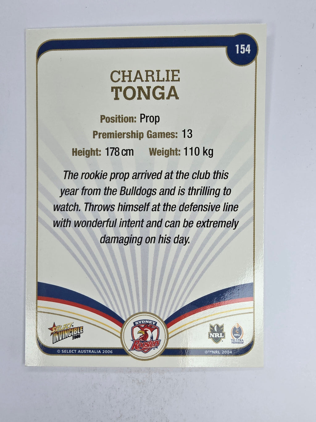 NRL 2006 Invincible Base Card #154 Charlie Tonga Sydney Roosters