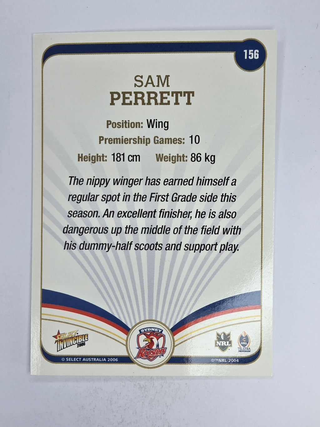 NRL 2006 Invincible Base Card #156 Sam Perrett Sydney Roosters