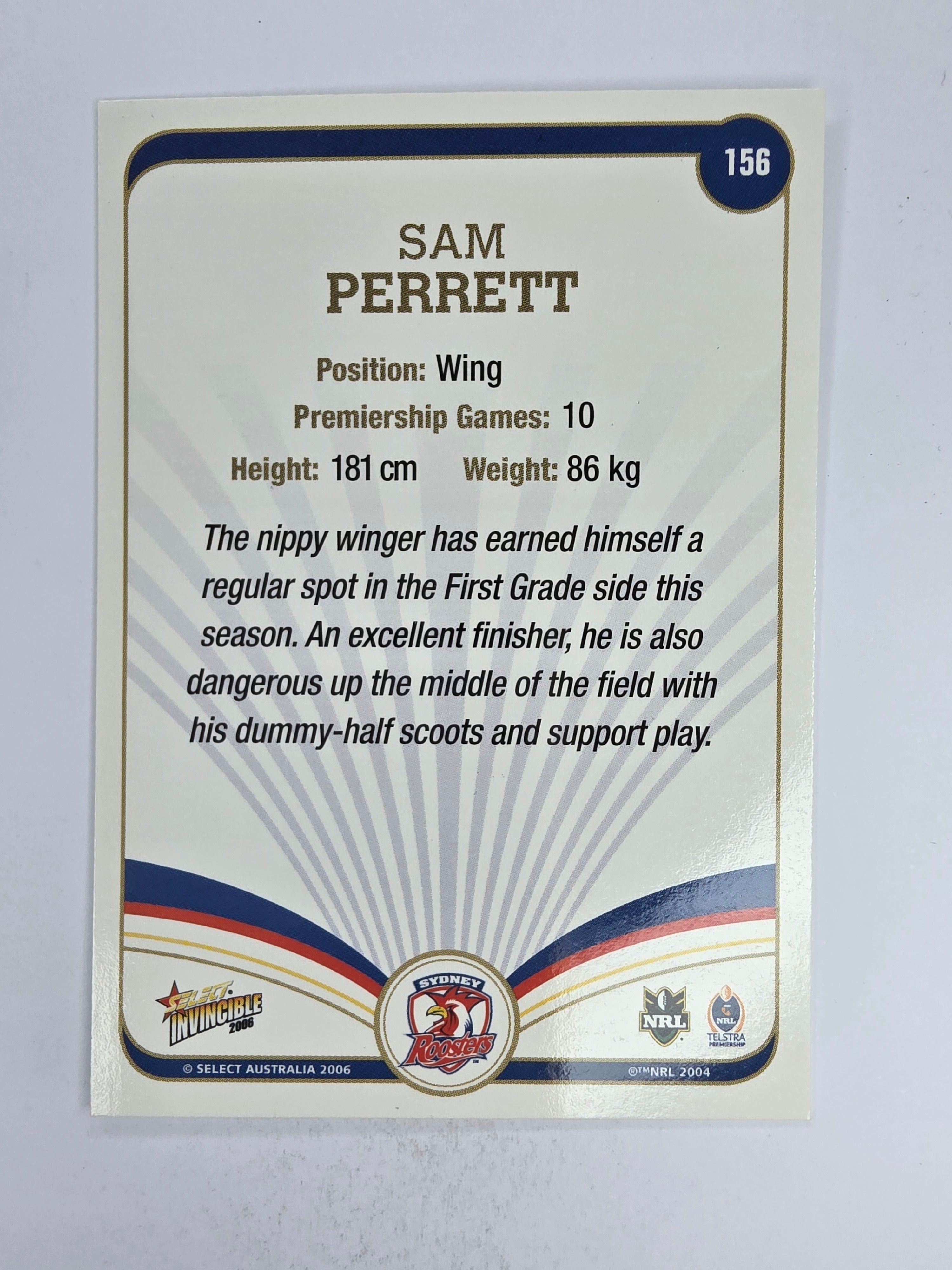 NRL 2006 Invincible Base Card #156 Sam Perrett Sydney Roosters
